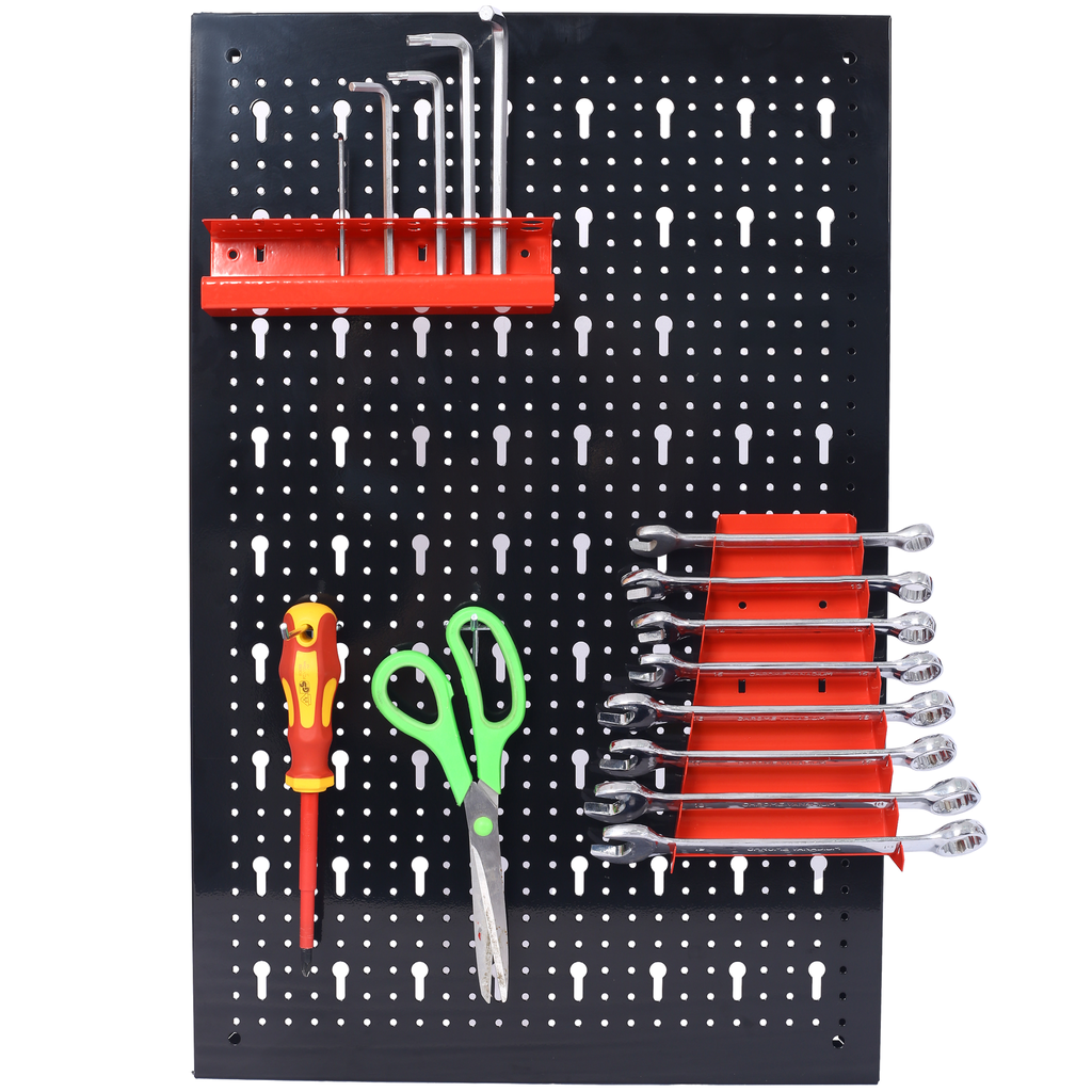 Black pegboard organizing various tools including allen wrenches and openend wrenches
