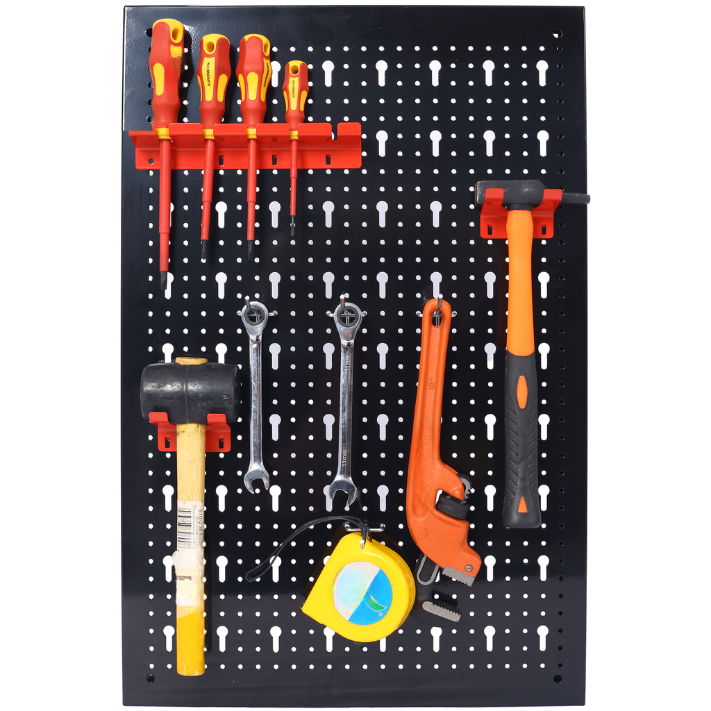Red and yellow handled screwdrivers neatly arranged on a black pegboard