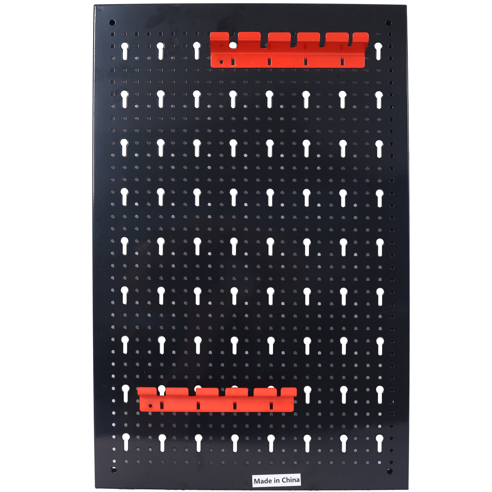Black pegboard with red tool holders for organized garage storage