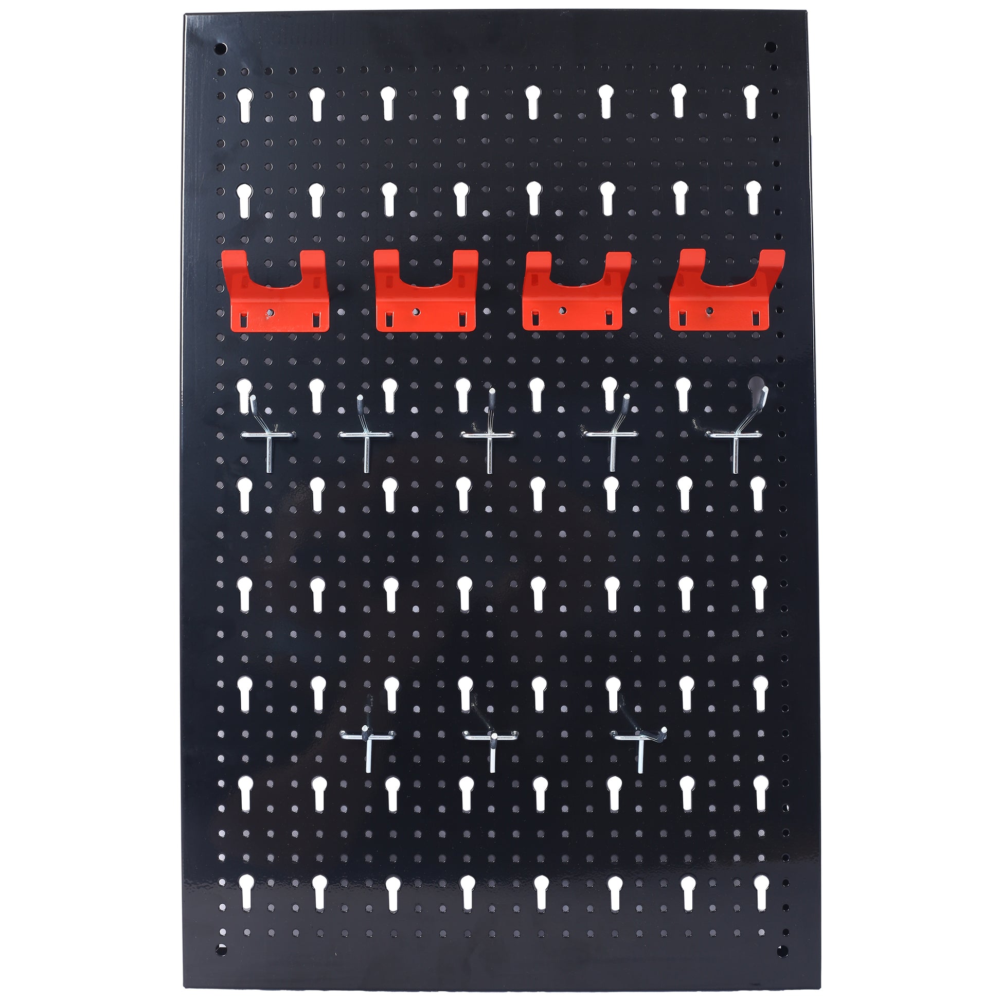 Black metal pegboard with red tool holders and assorted hooks for workshop organization