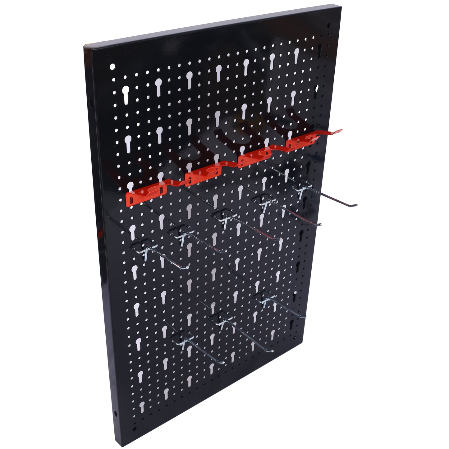Black metal pegboard with red and silver hooks for organizing tools and supplies
