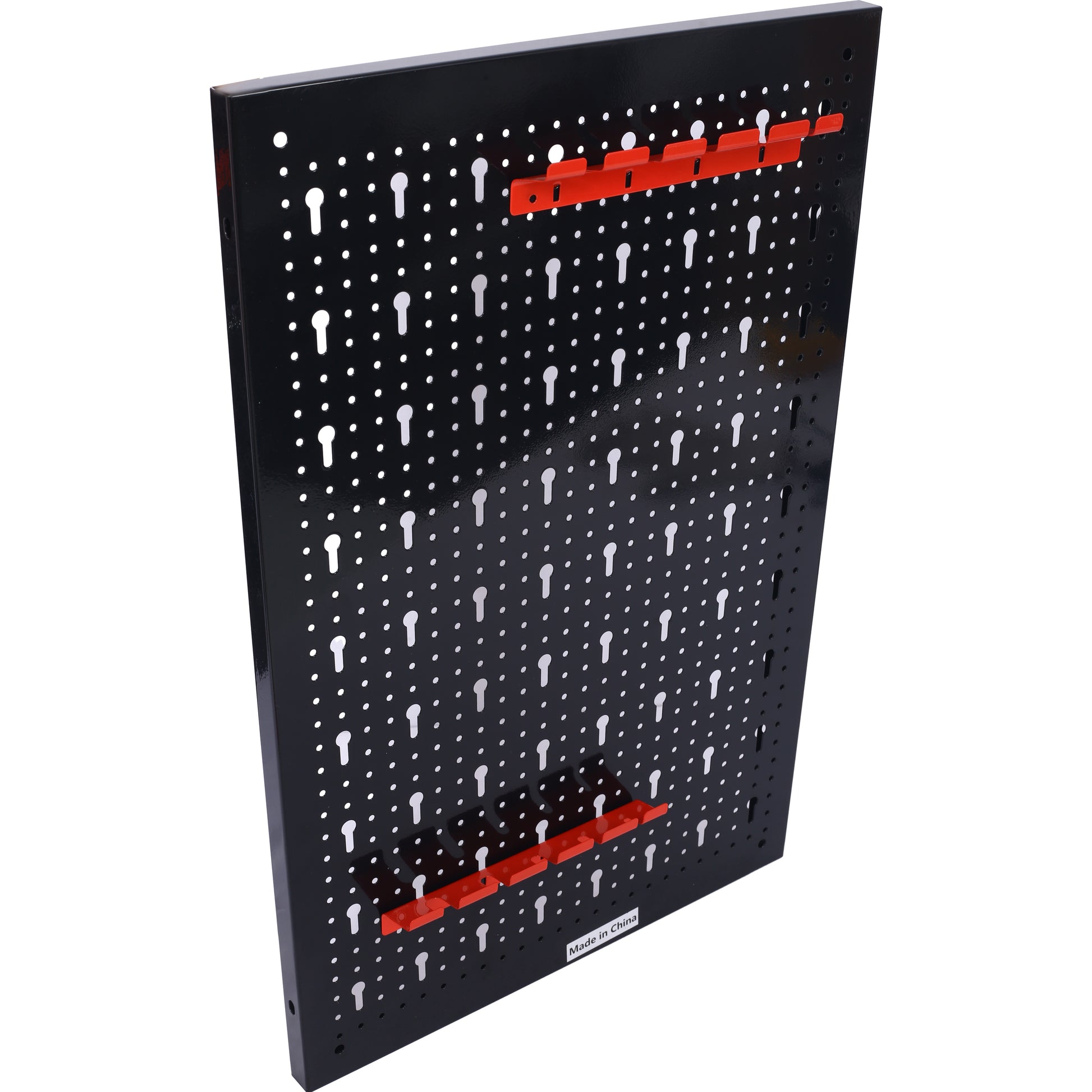 Black metal pegboard with keyhole slots and red hooks for garage organization