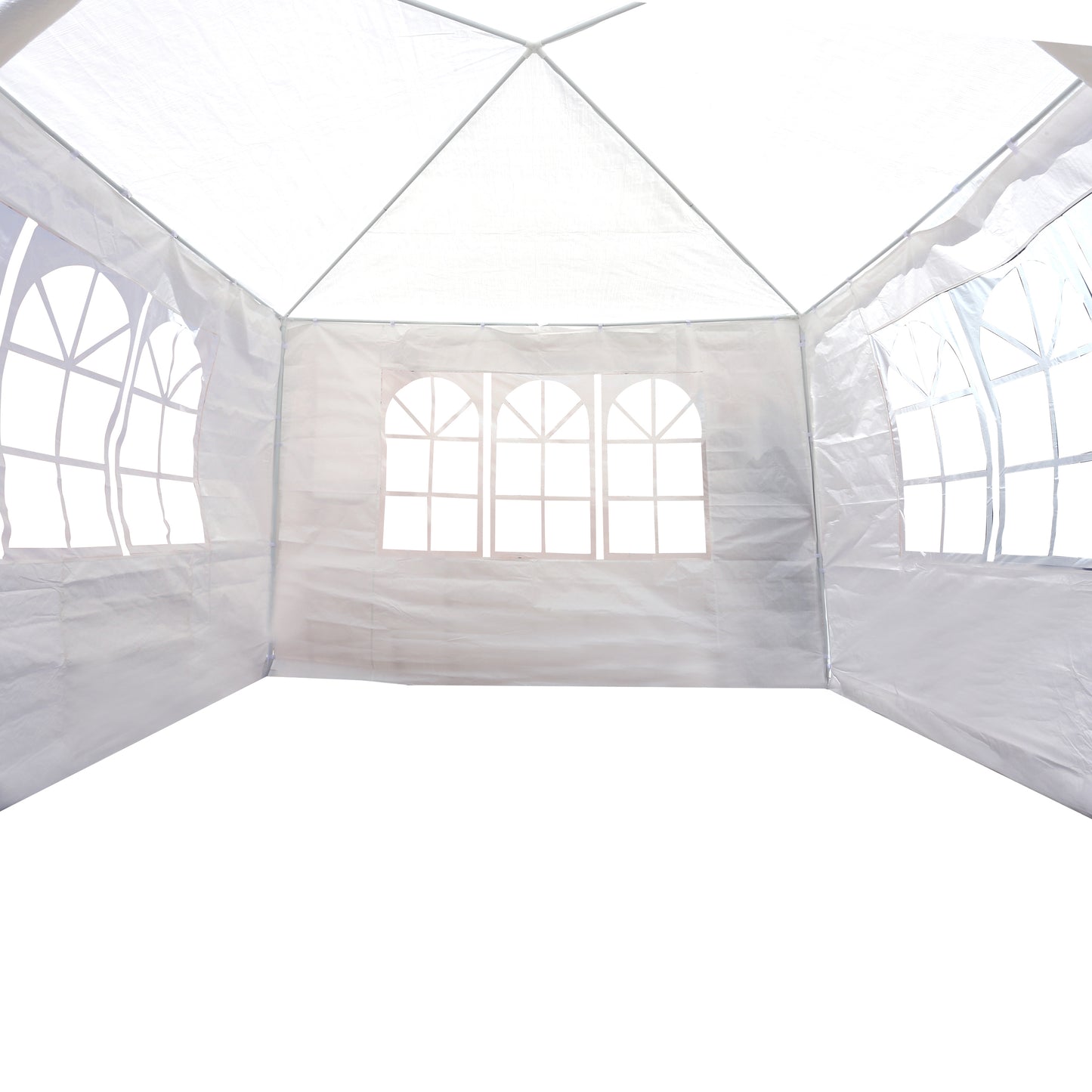 Interior view of a white party tent with arched windows and a peaked roof structure