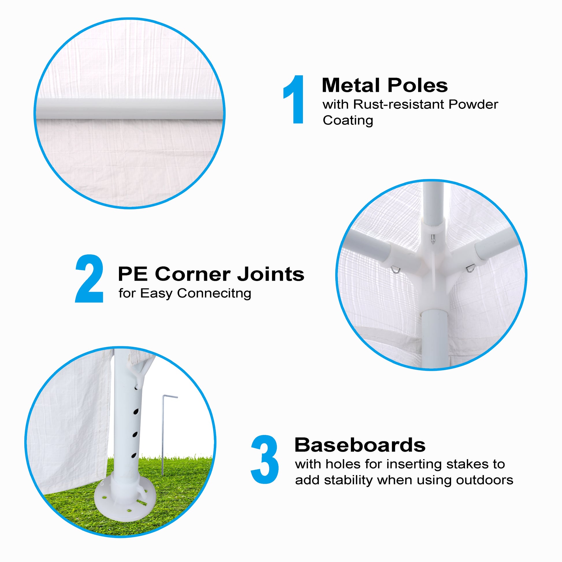 Closeup of a white rustresistant powder coated metal pole for a tent structure
