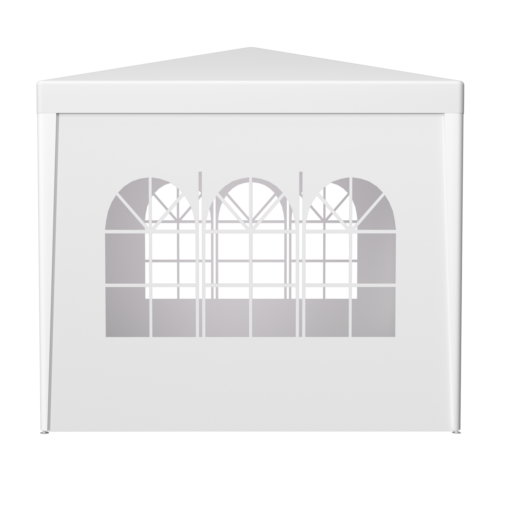 White outdoor event tent with arched windows for parties and gatherings