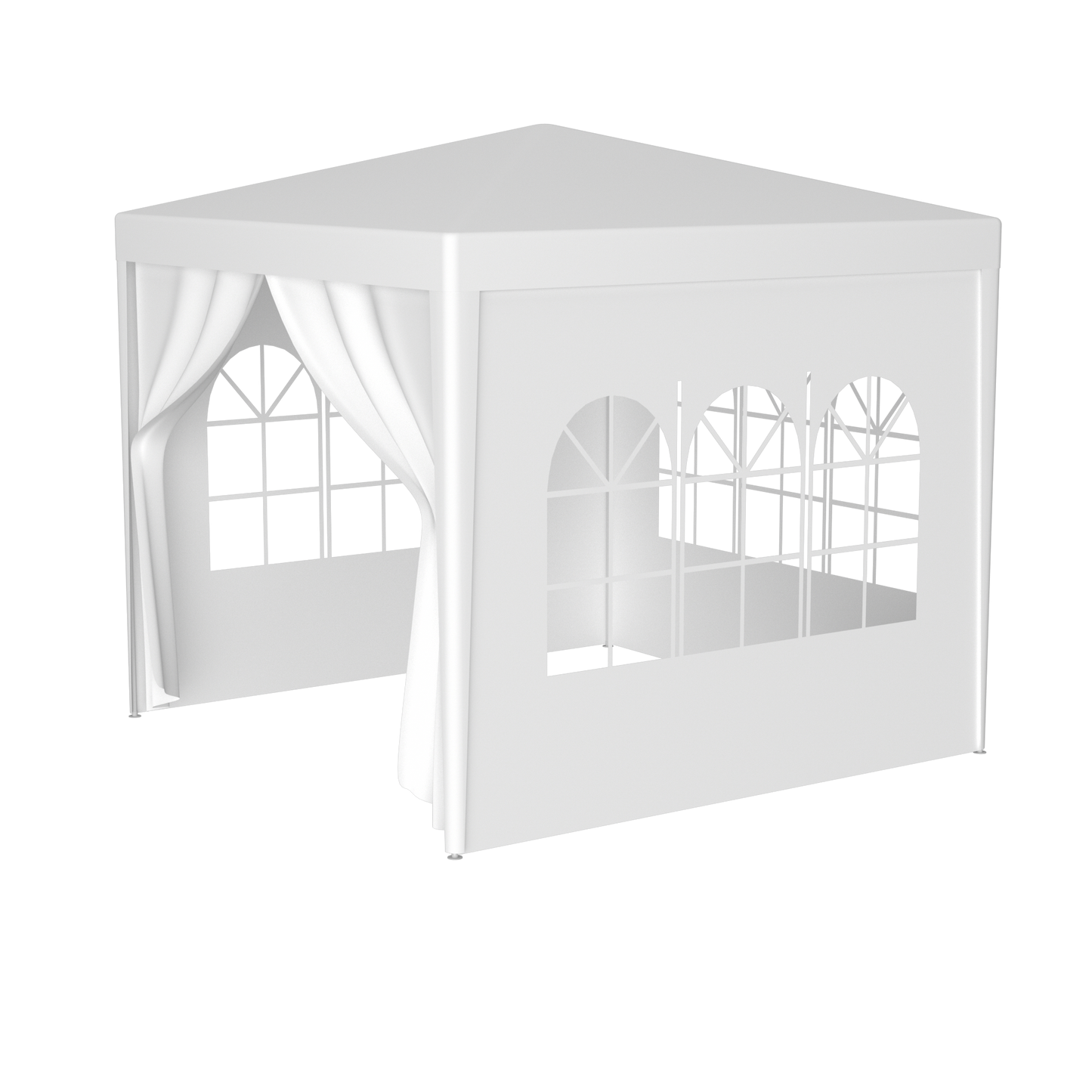 White popup canopy tent with arched windows and draped side panels ideal for outdoor events