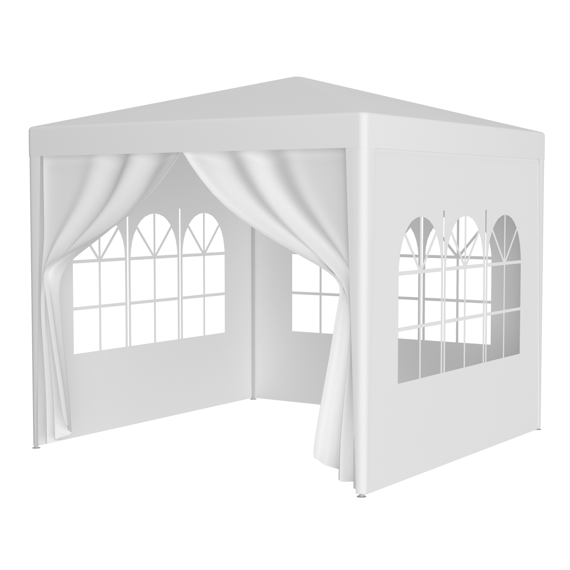 White outdoor canopy tent with arched windows and draped curtains ideal for events