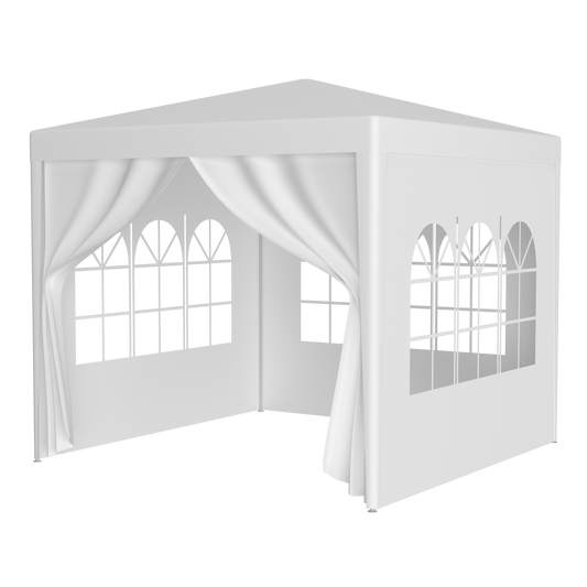 White outdoor canopy tent with arched windows and draped curtains ideal for events