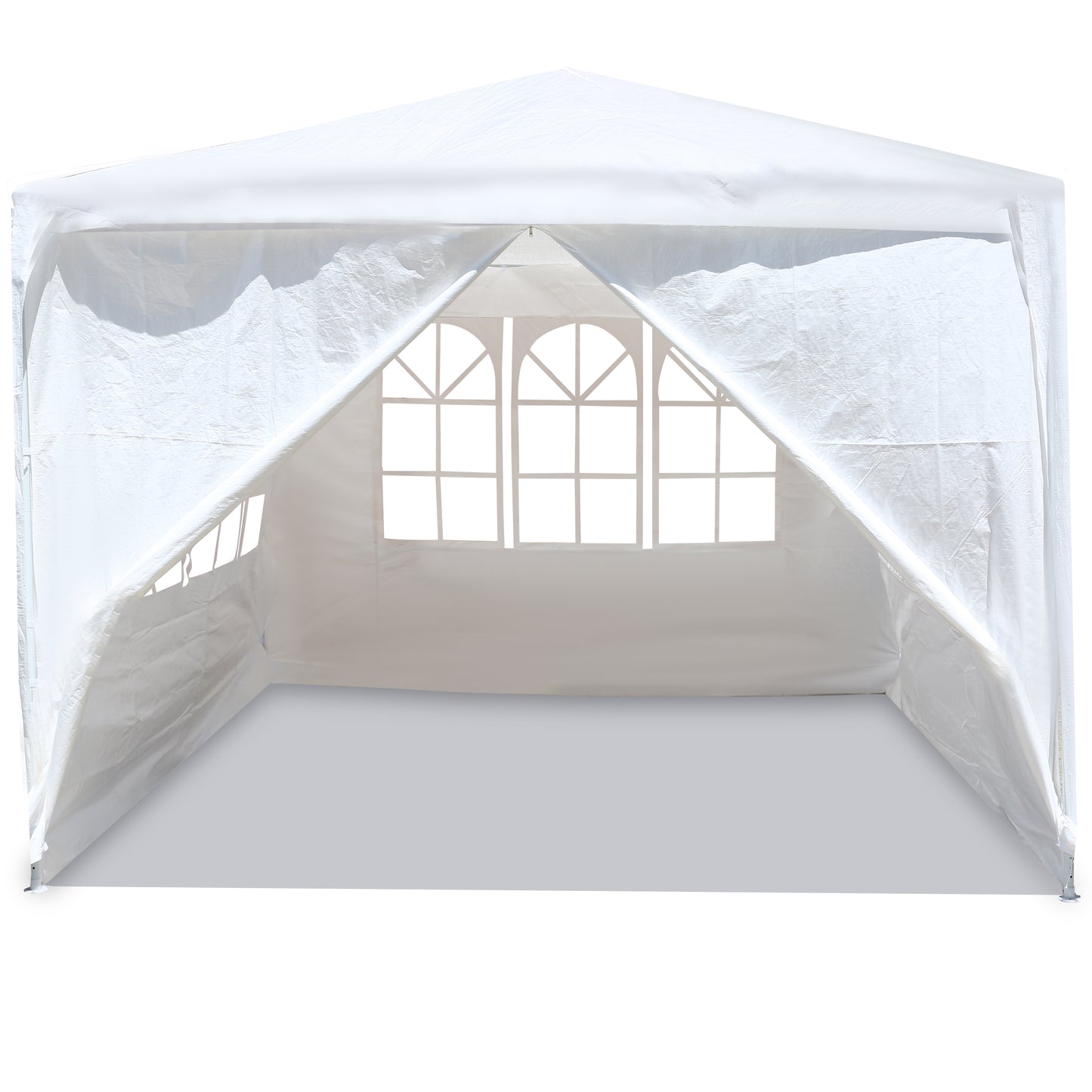 White outdoor party gazebo tent with arched windows and peaked roof