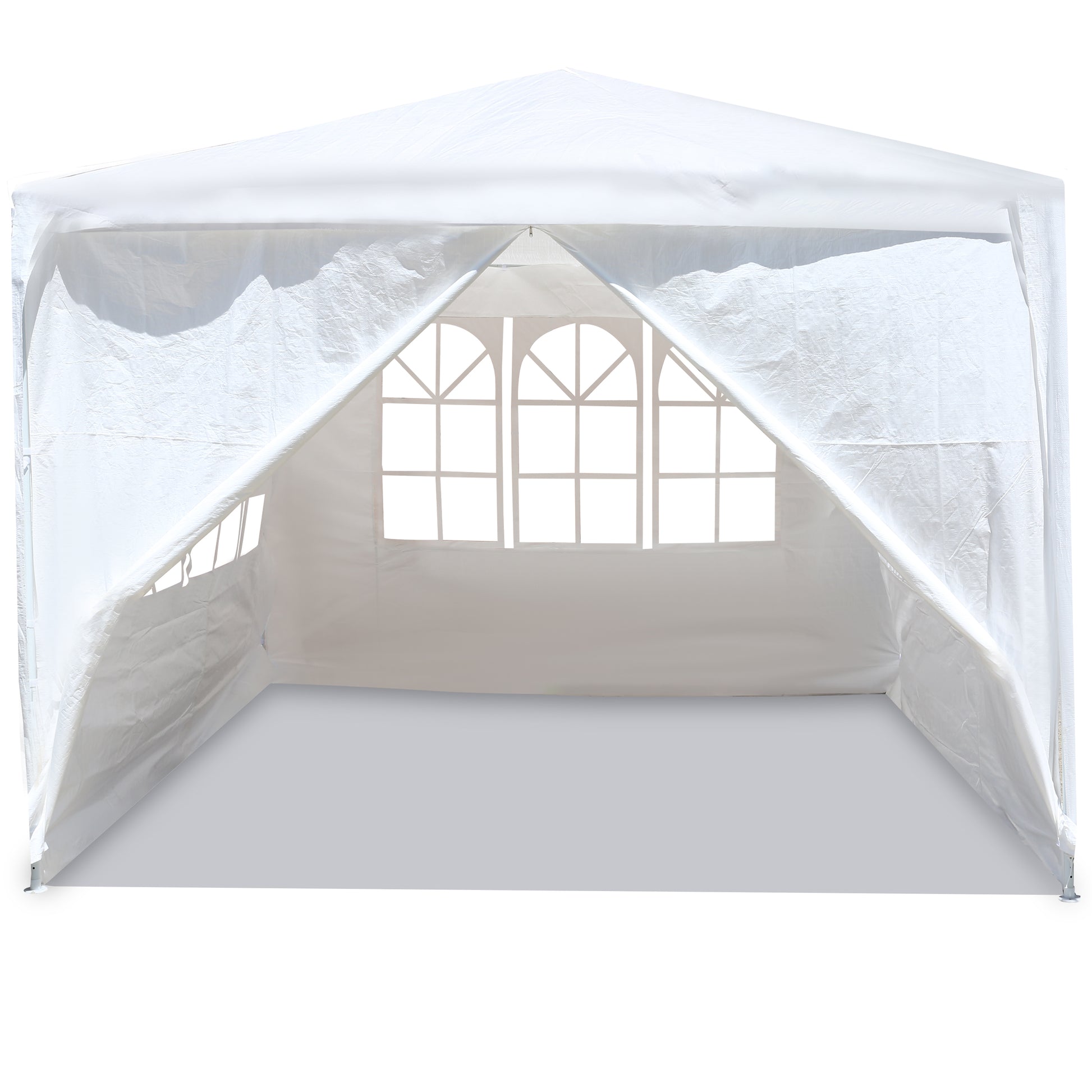 White outdoor party gazebo tent with arched windows and peaked roof