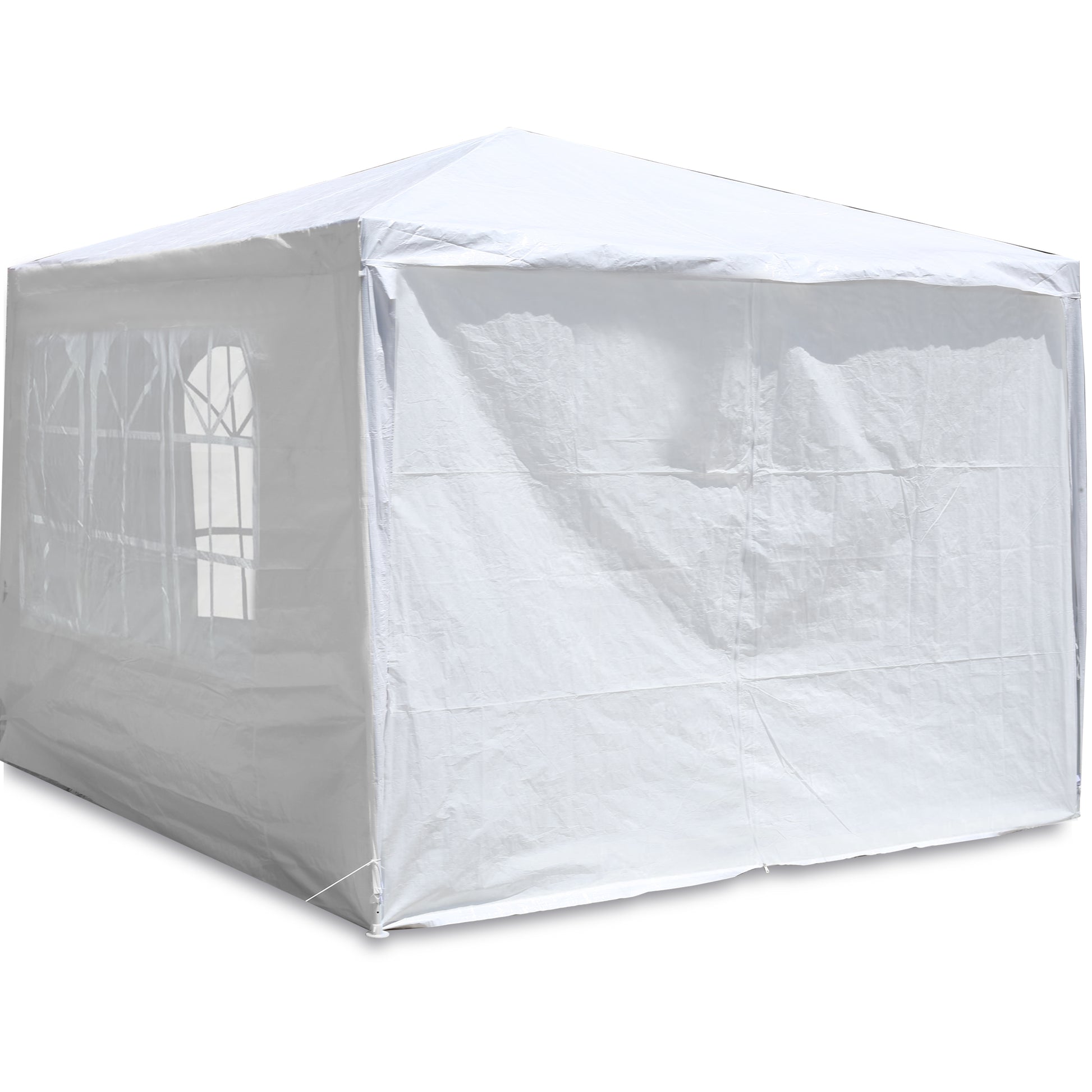 White polyethylene canopy tent with clear window panels and a frame ideal for outdoor events