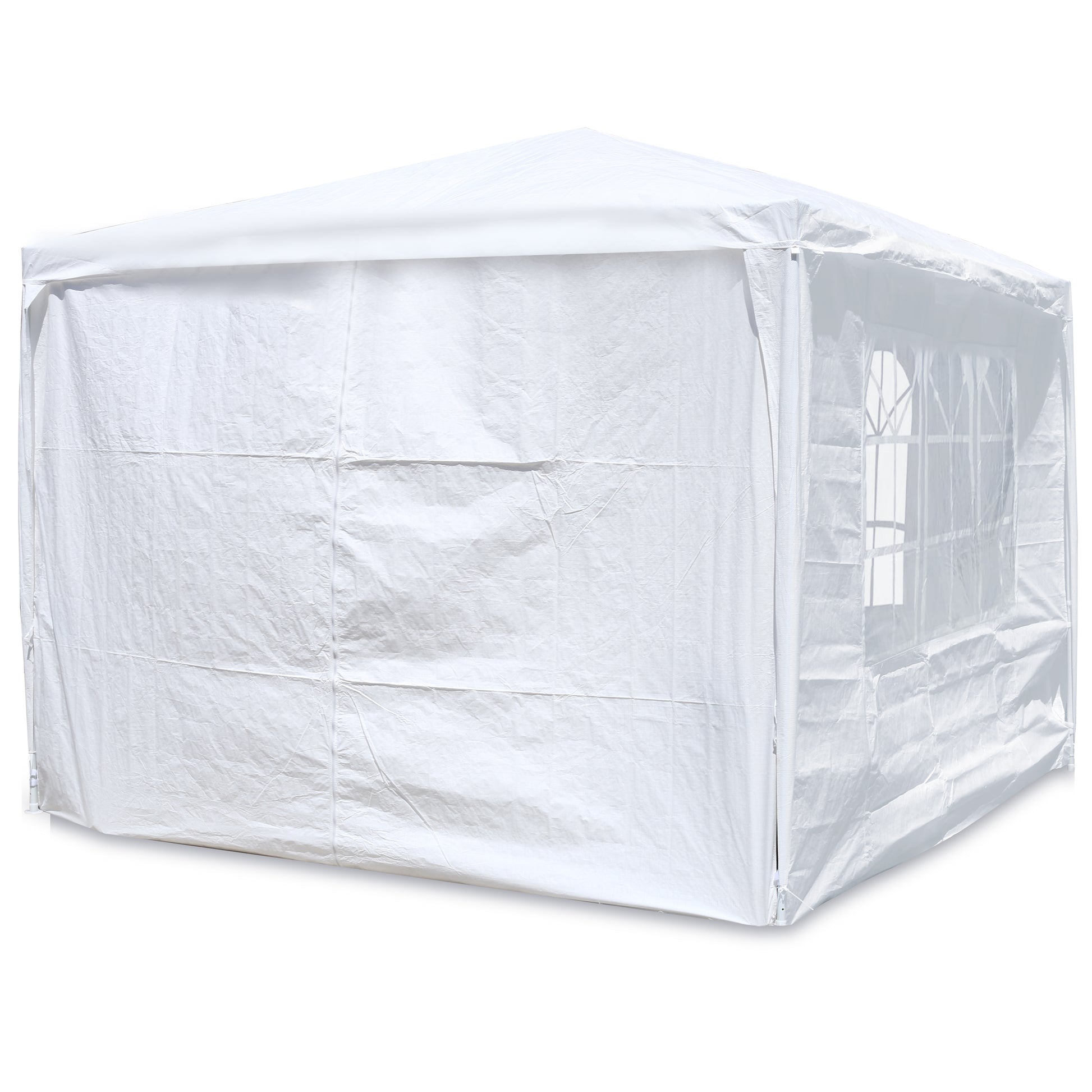 White outdoor party tent with clear windows and zipped entrance flap