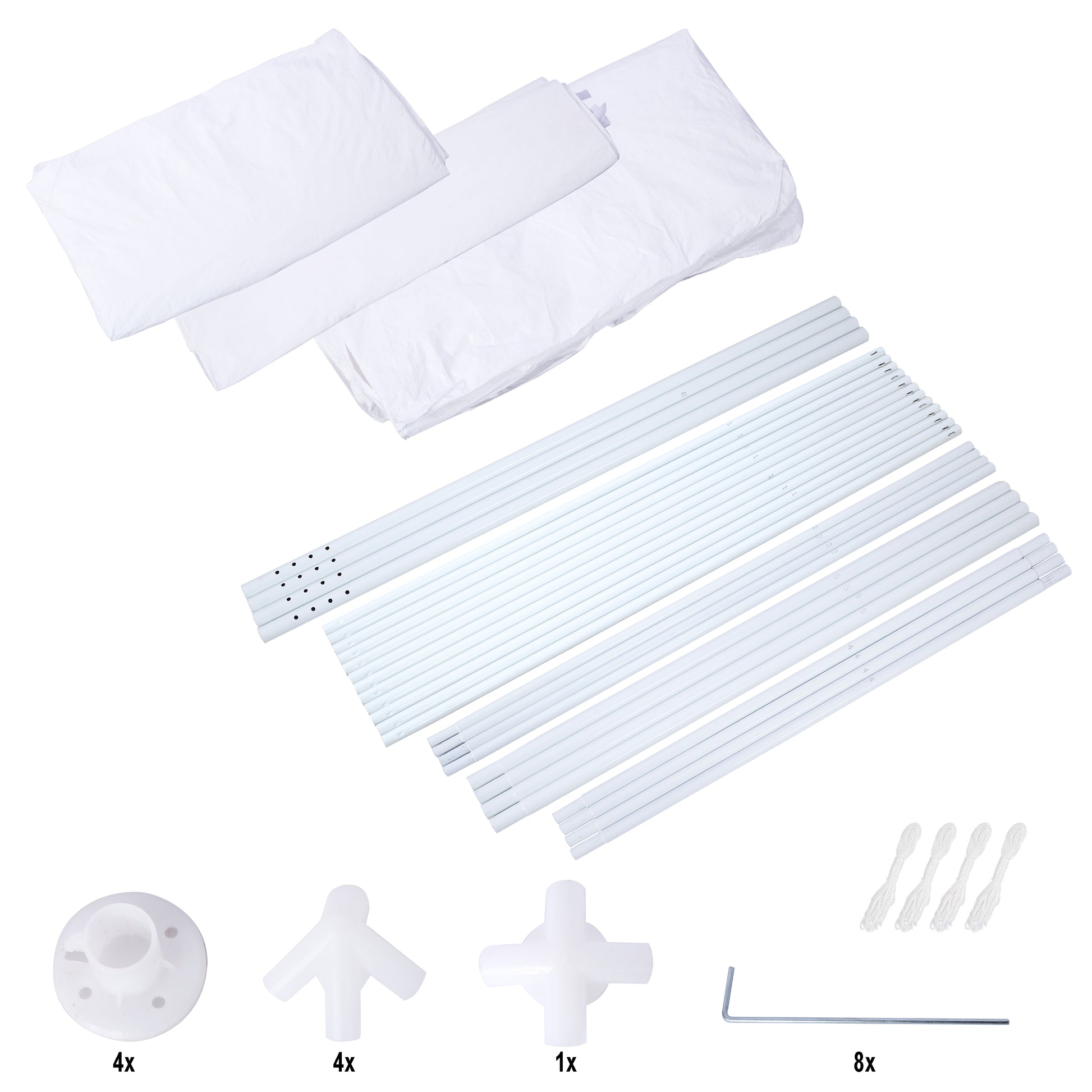 White fabric sheets and assembly poles for a pop up tent
