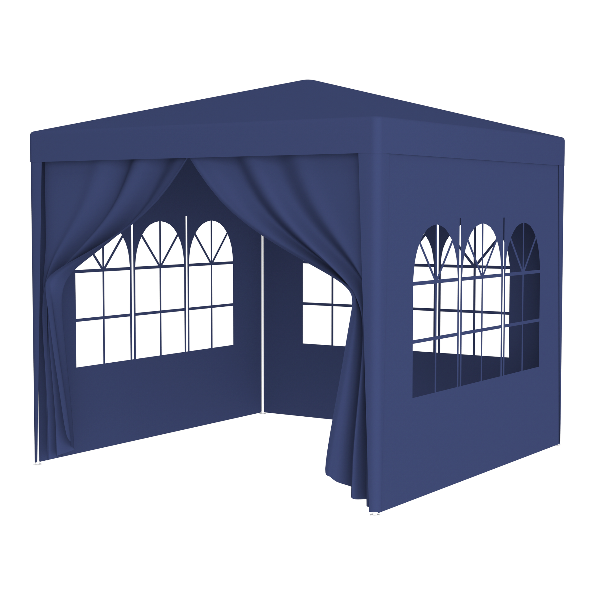 Dark blue party tent with arched windows and draping curtains