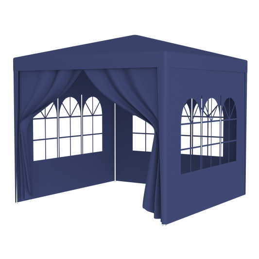 Dark blue party tent with arched windows and draping curtains