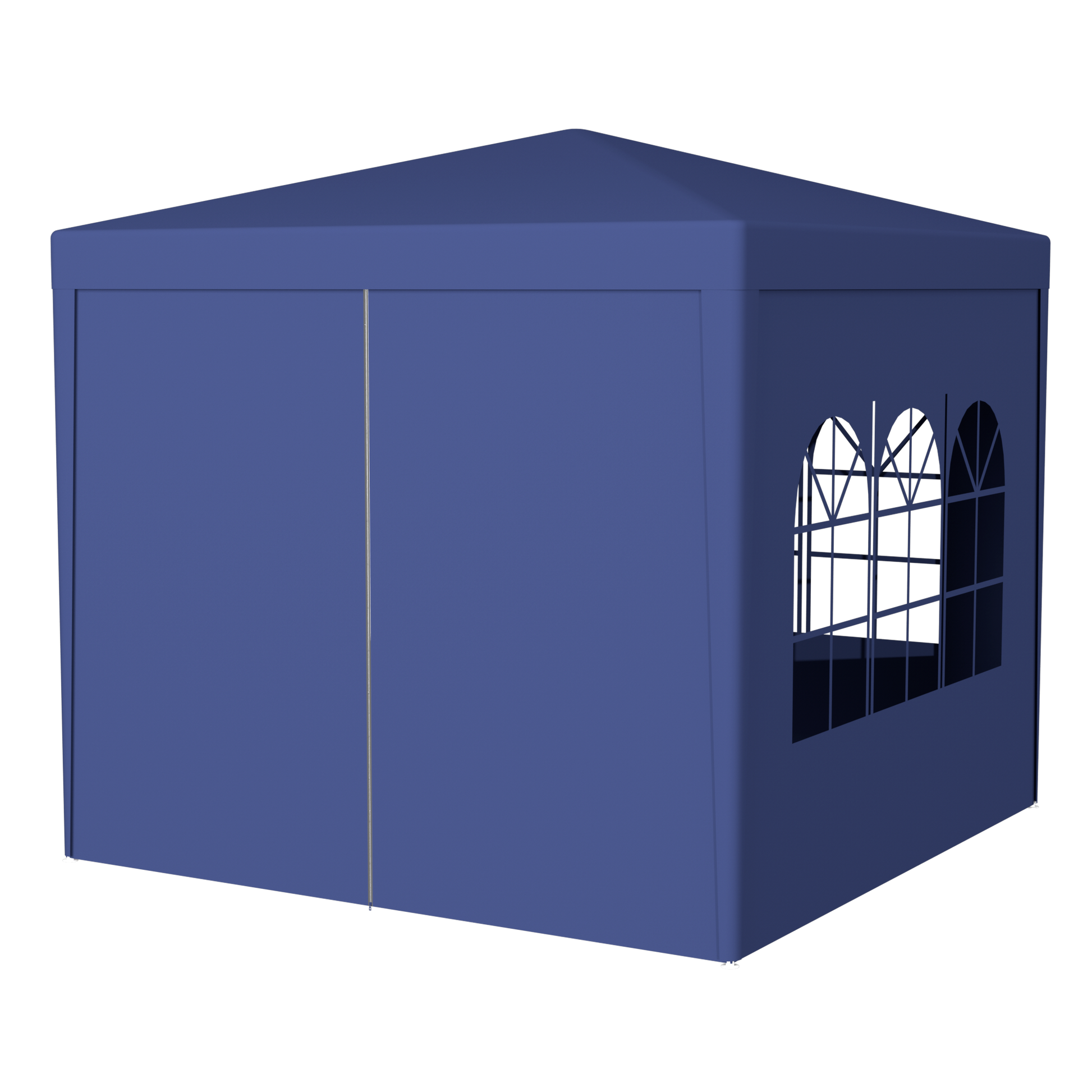 A blue party tent with arched windows ideal for outdoor events and gatherings