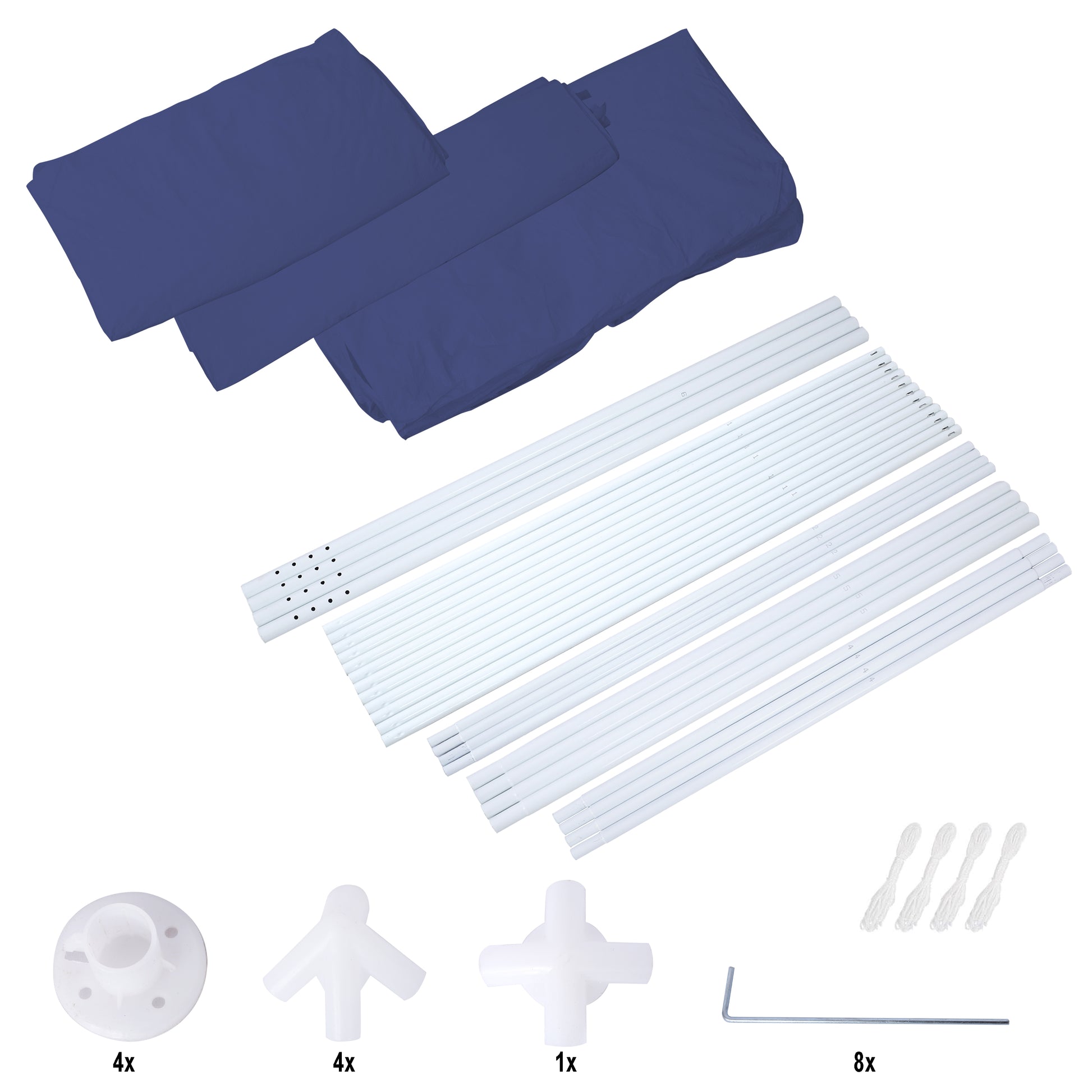 Four folded navy blue tent fabric pieces laid flat
