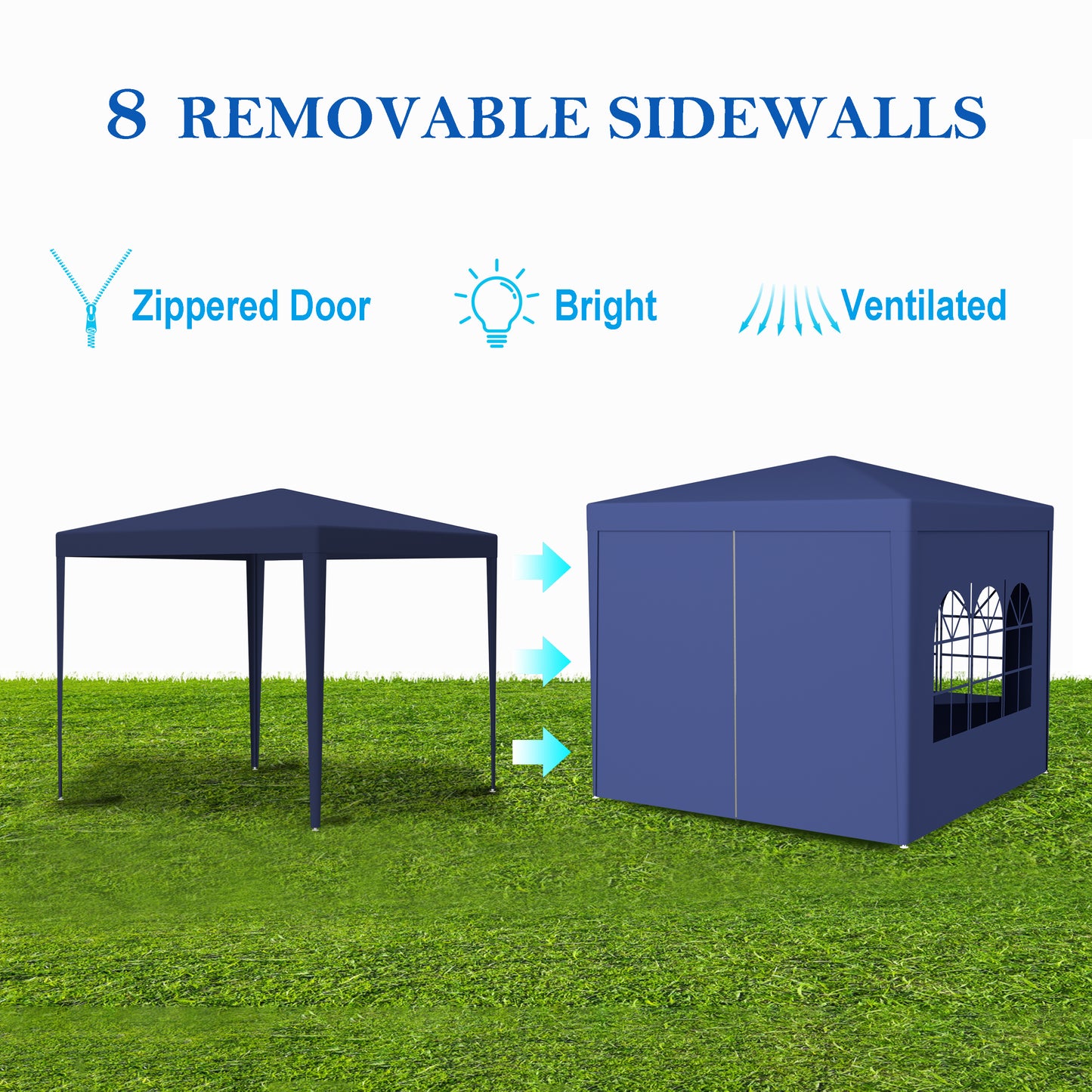 Dark blue canopy tent with zippered door and windows on green grass