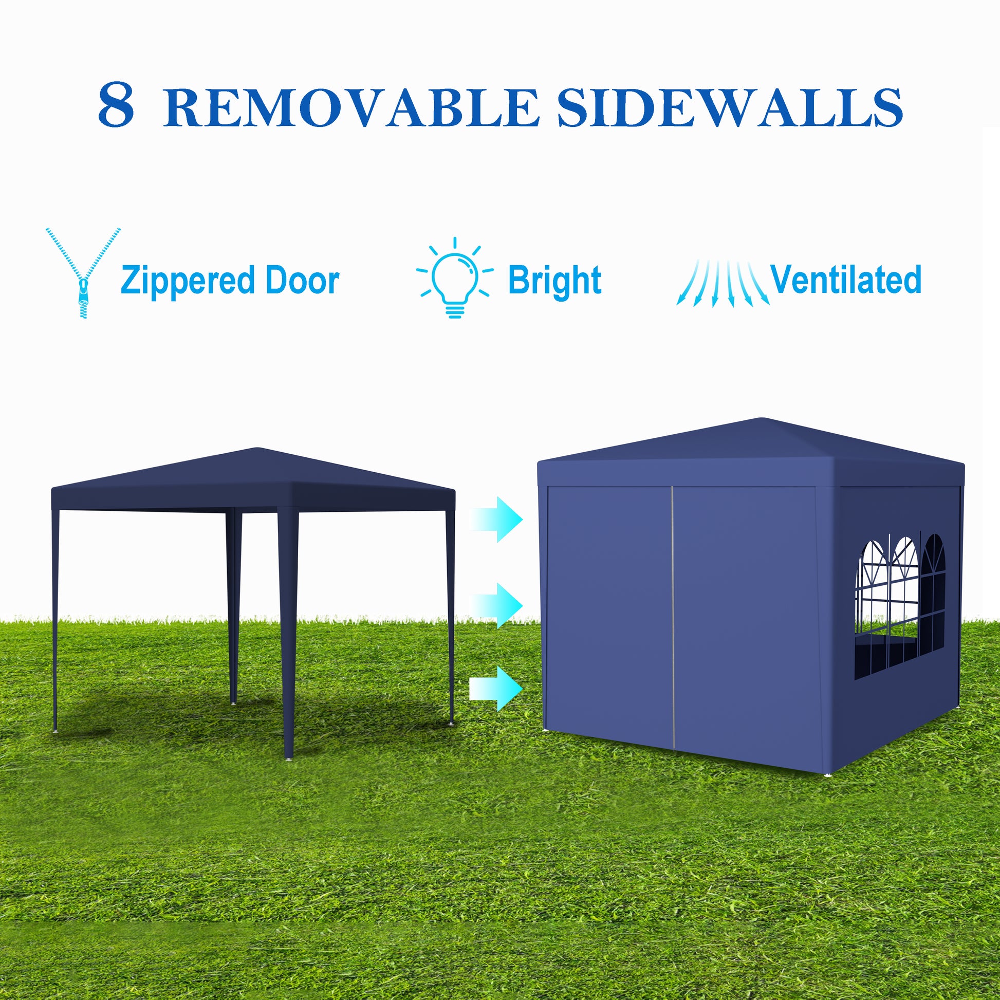Dark blue canopy tent with zippered door and windows on green grass