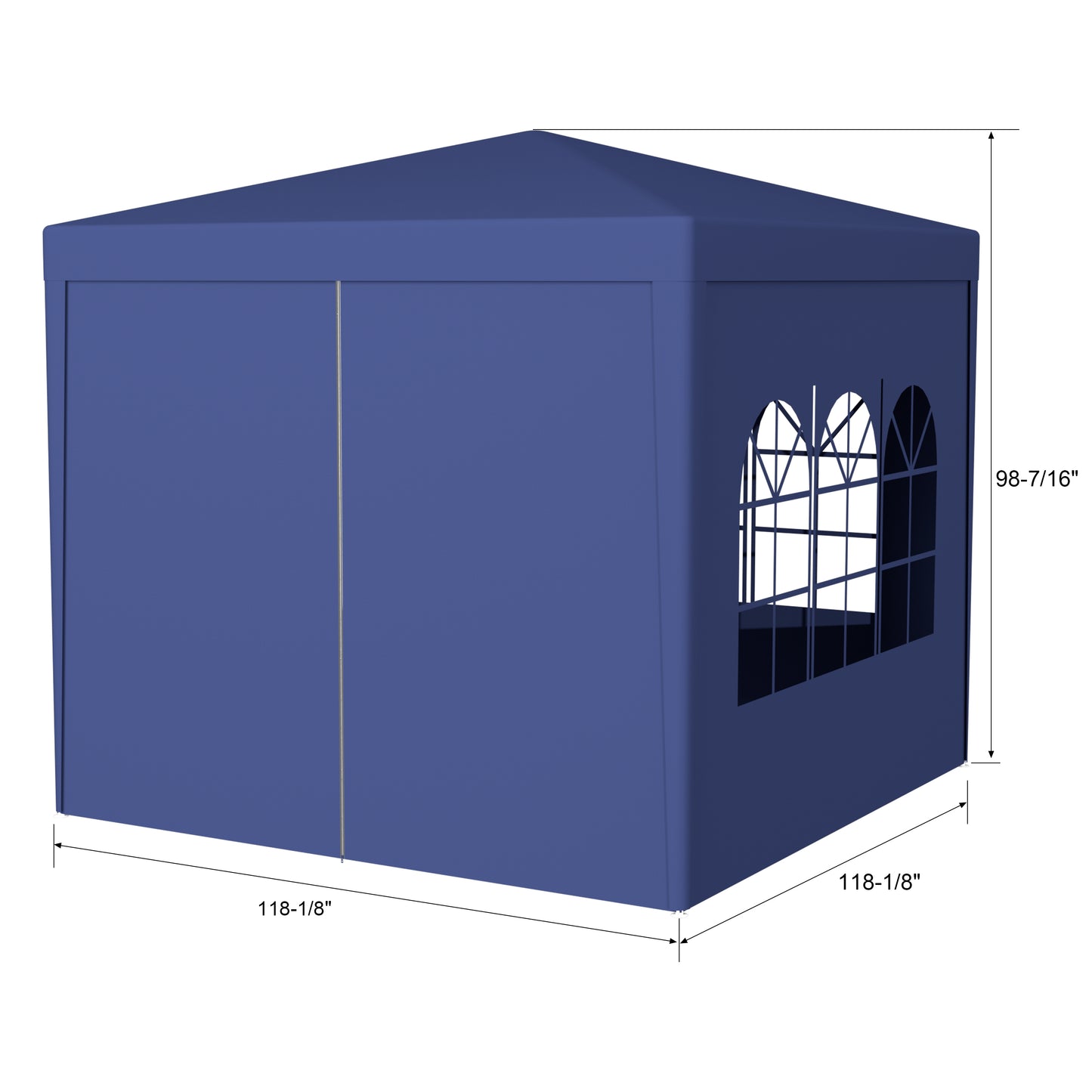 Dark blue outdoor canopy tent with arched windows and zipper closure  x  dimensions