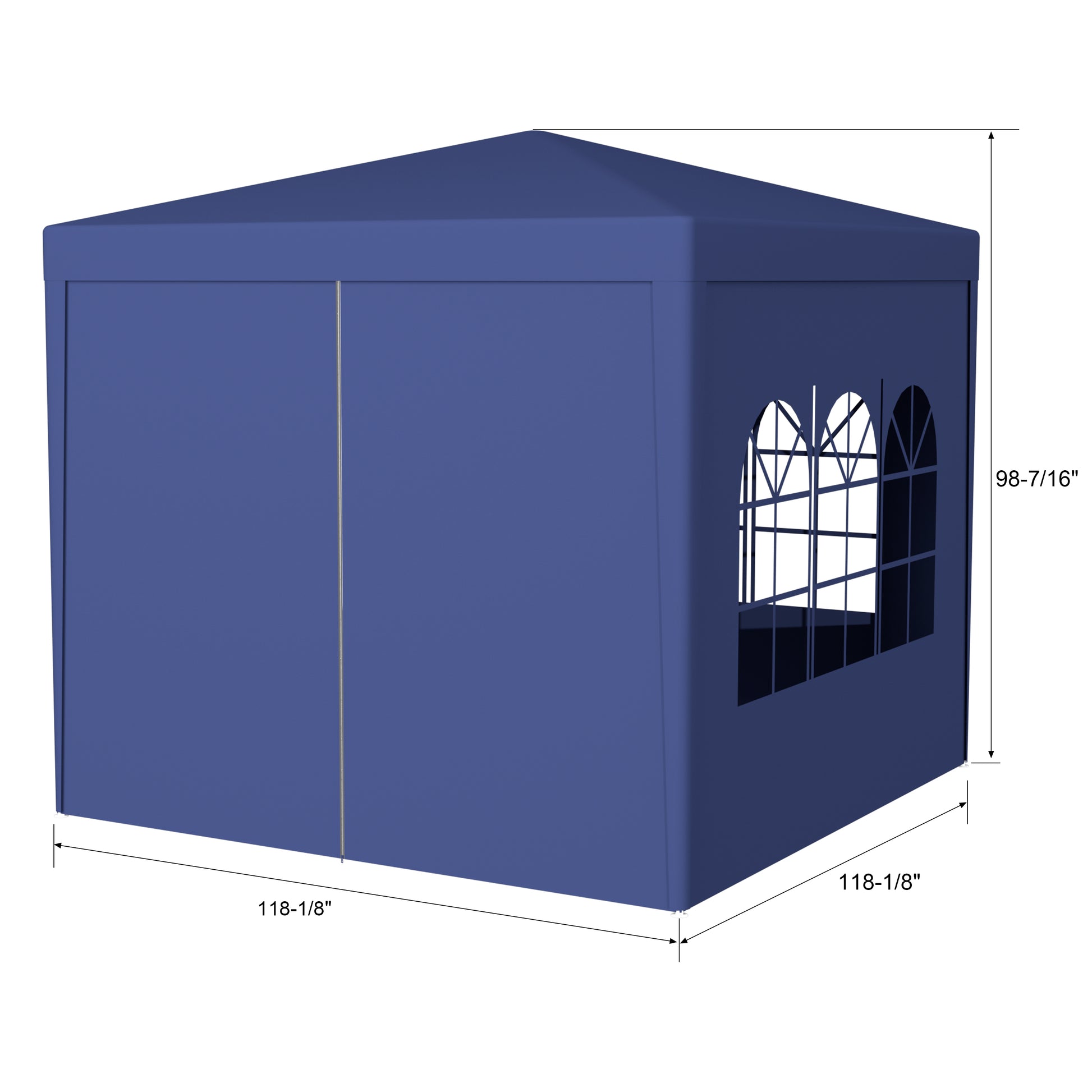 Dark blue outdoor canopy tent with arched windows and zipper closure  x  dimensions