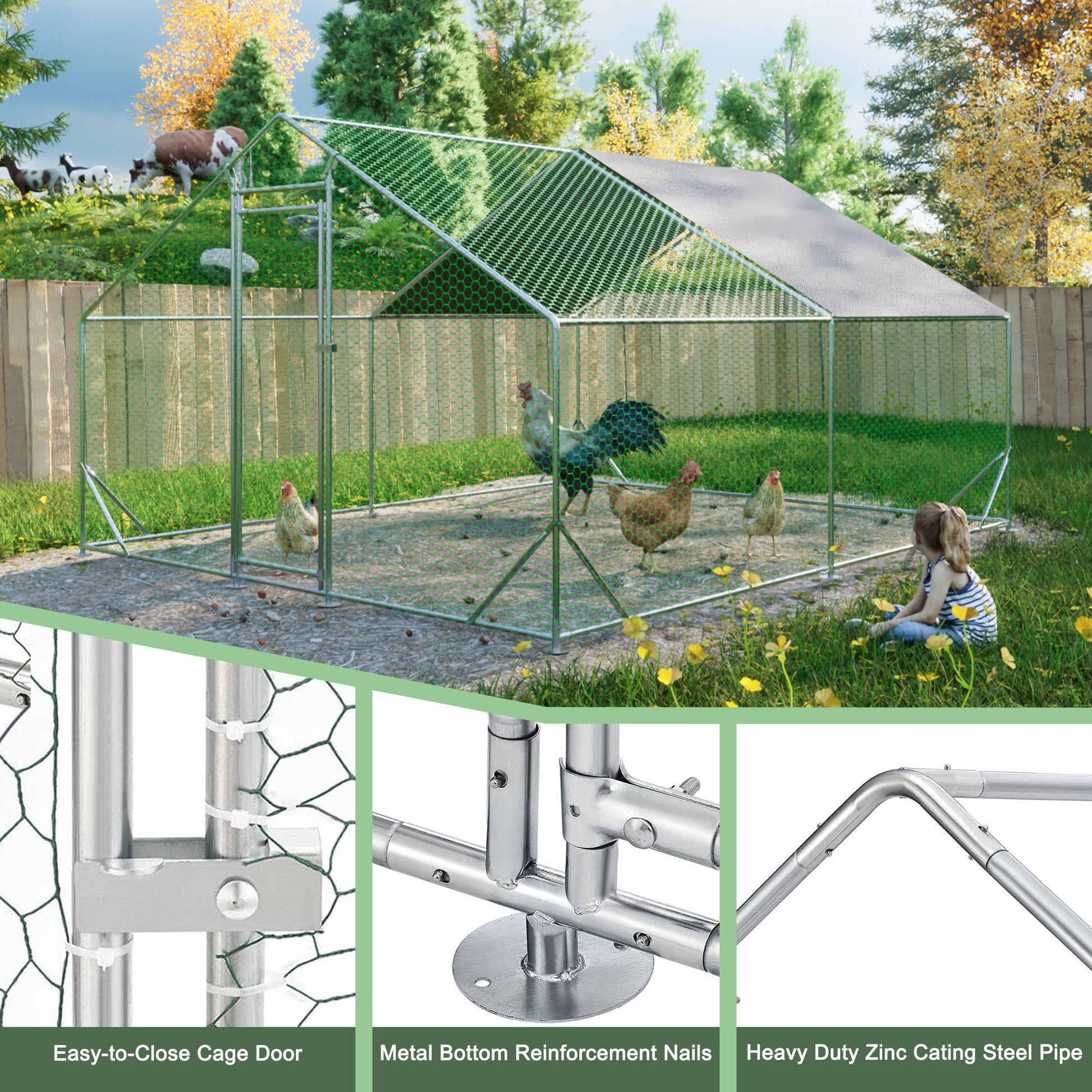 Large walkin chicken coop with green hexagonal mesh steel frame and protective roof