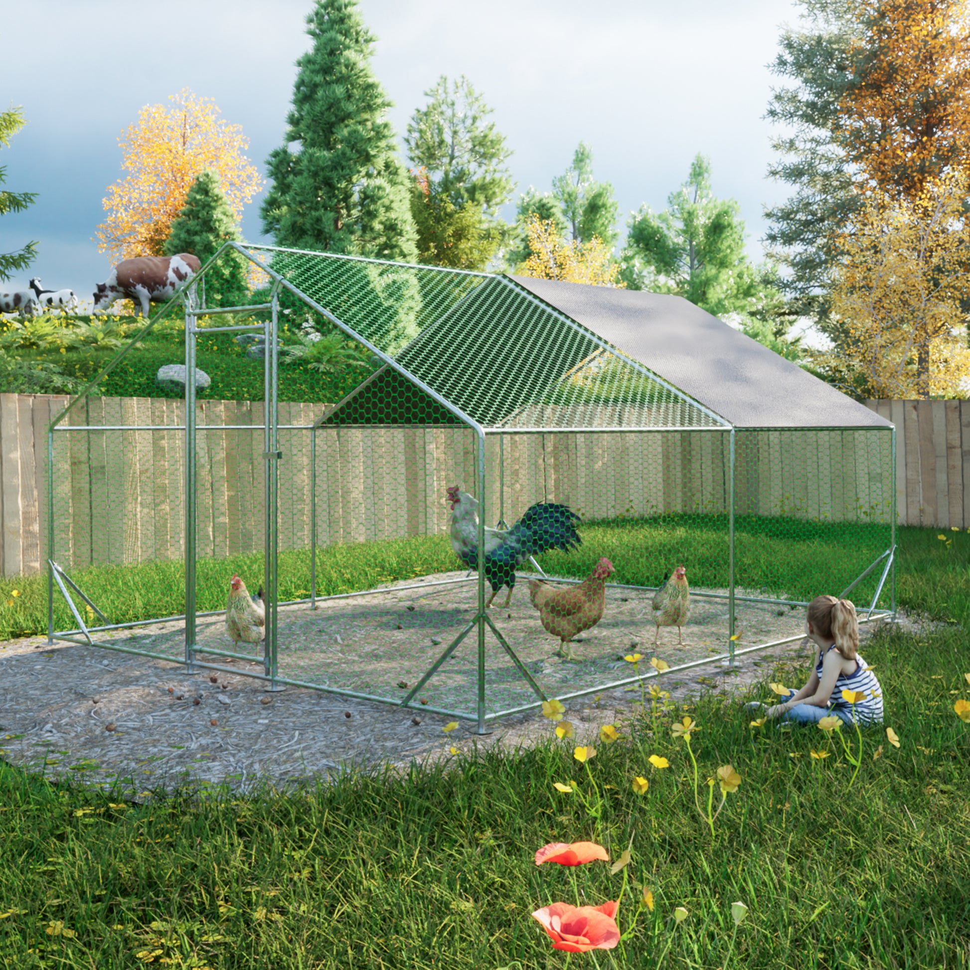 Spacious outdoor chicken coop with a metal frame and green mesh enclosure housing several chickens