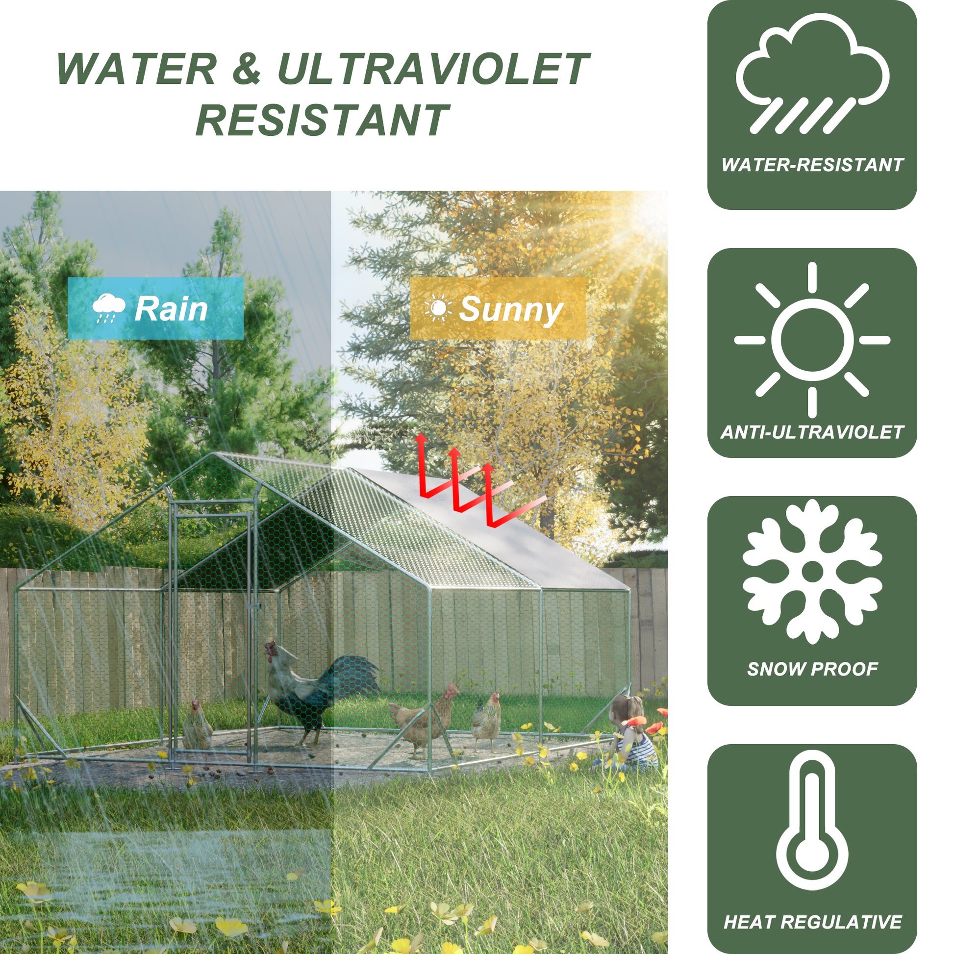 Green chicken coop with a metal frame a rooster and hens in a grassy enclosure waterresistant and UV protected