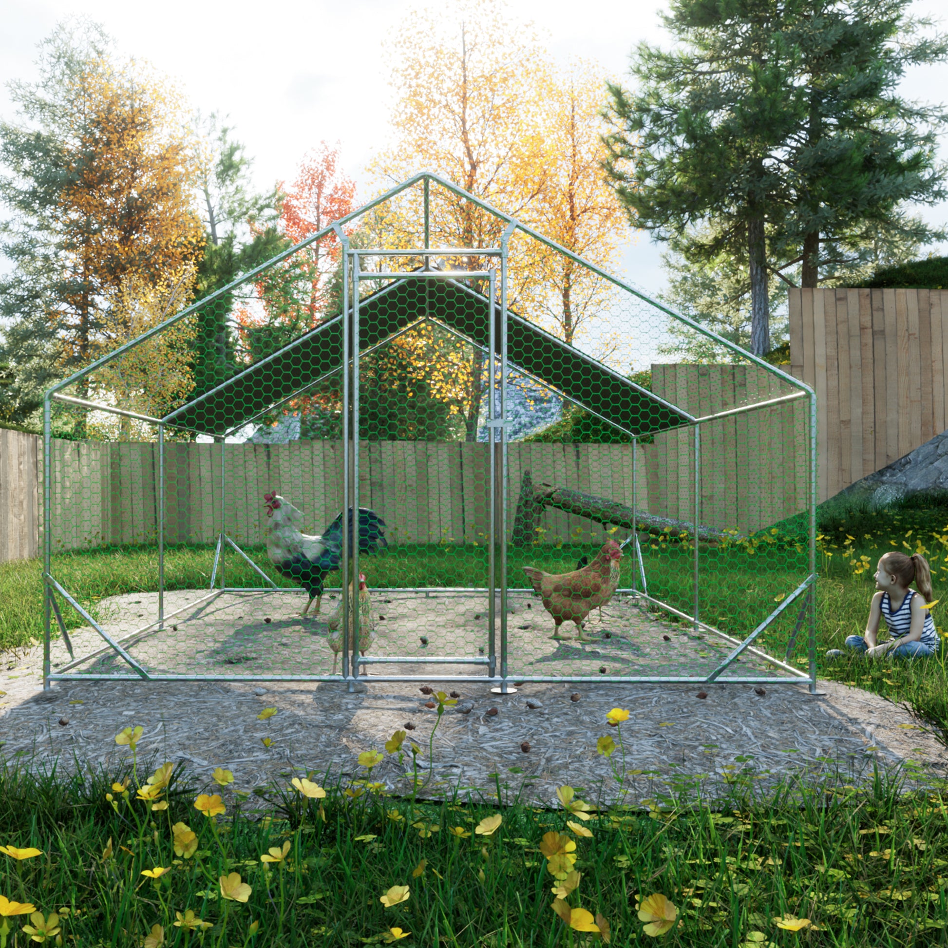 Galvanized steel chicken coop with green hexagonal mesh and two chickens pecking