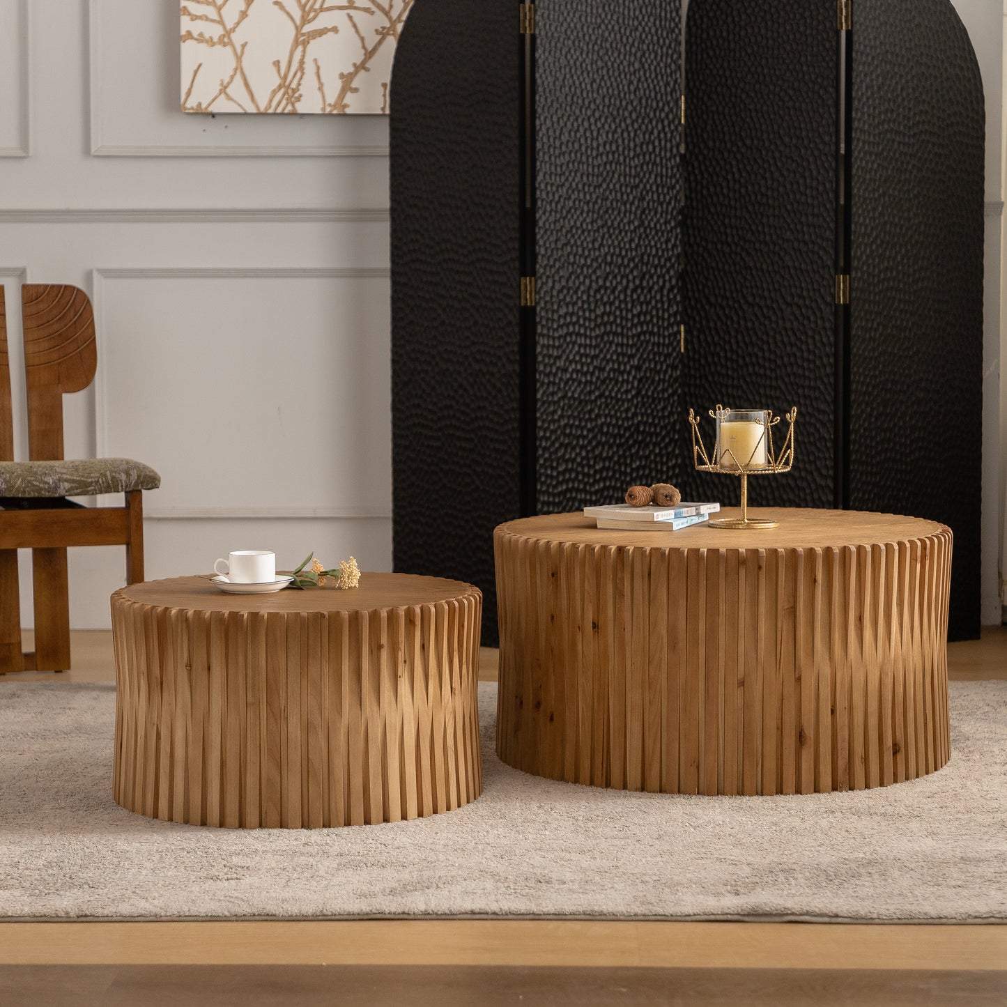 Natural wood round coffee table with vertical slat design and rustic charm