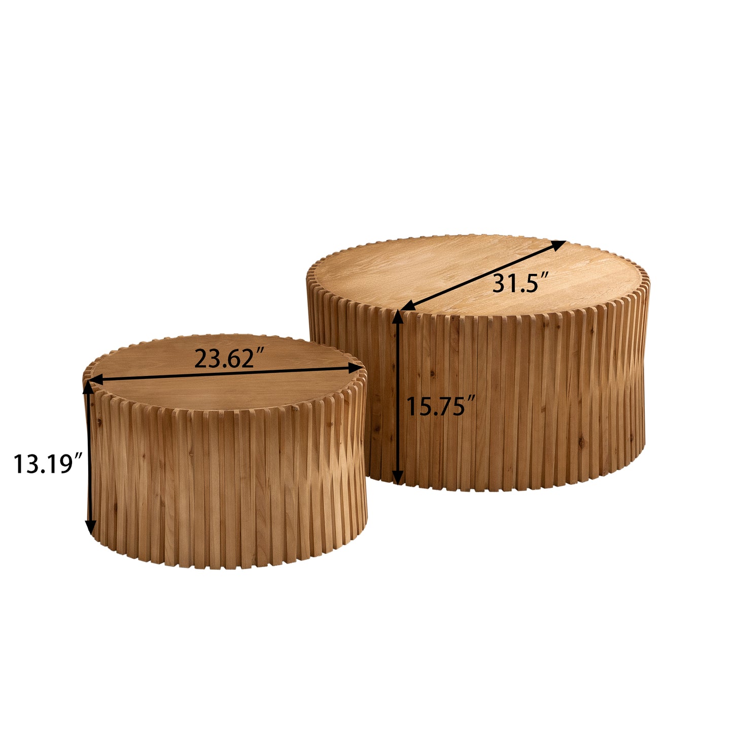 Natural wood nested round coffee tables with ribbed texture