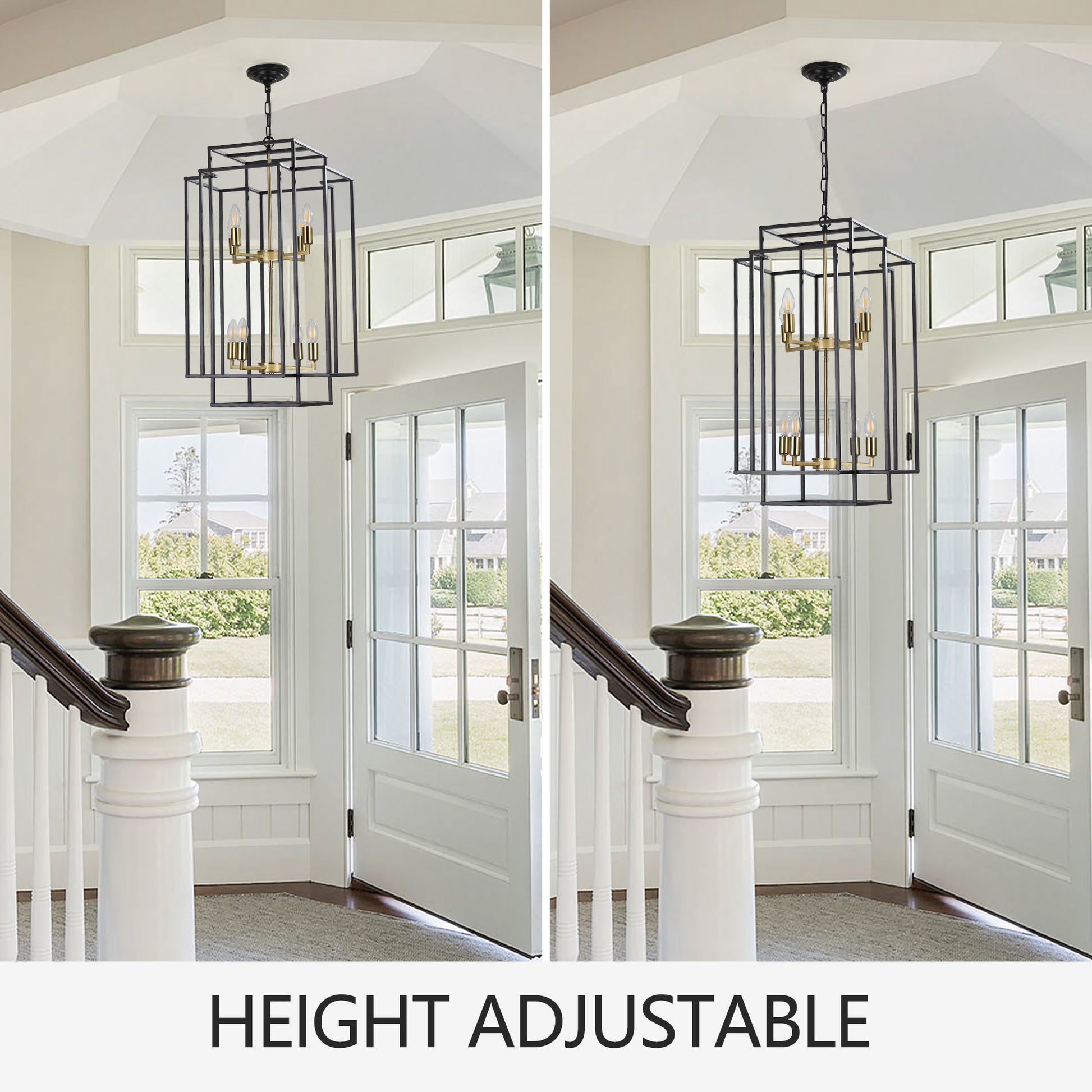 Black metal lantern chandelier with gold accents and five bulbs