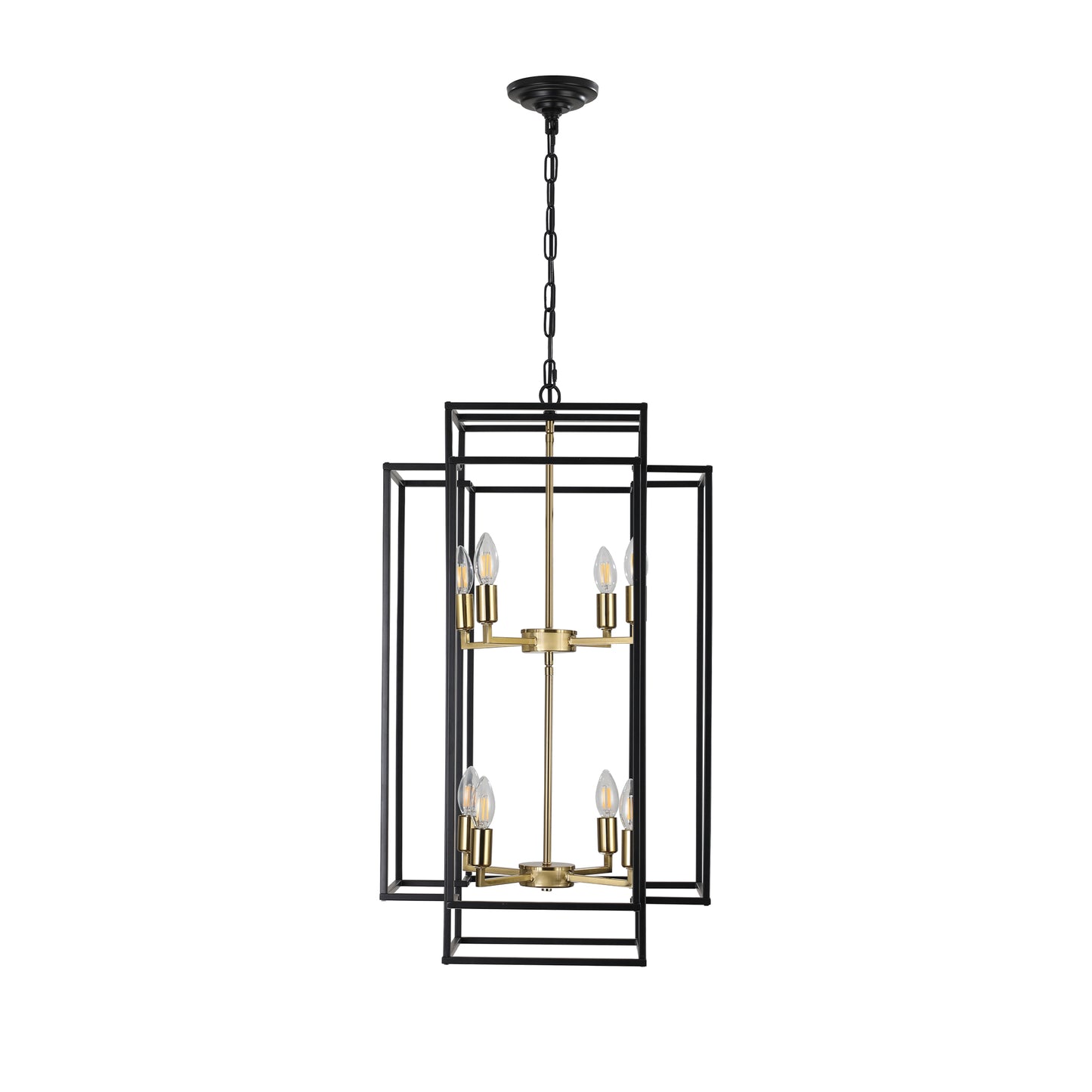 Modern black and brass geometric chandelier with  candelabra bulbs for dining room