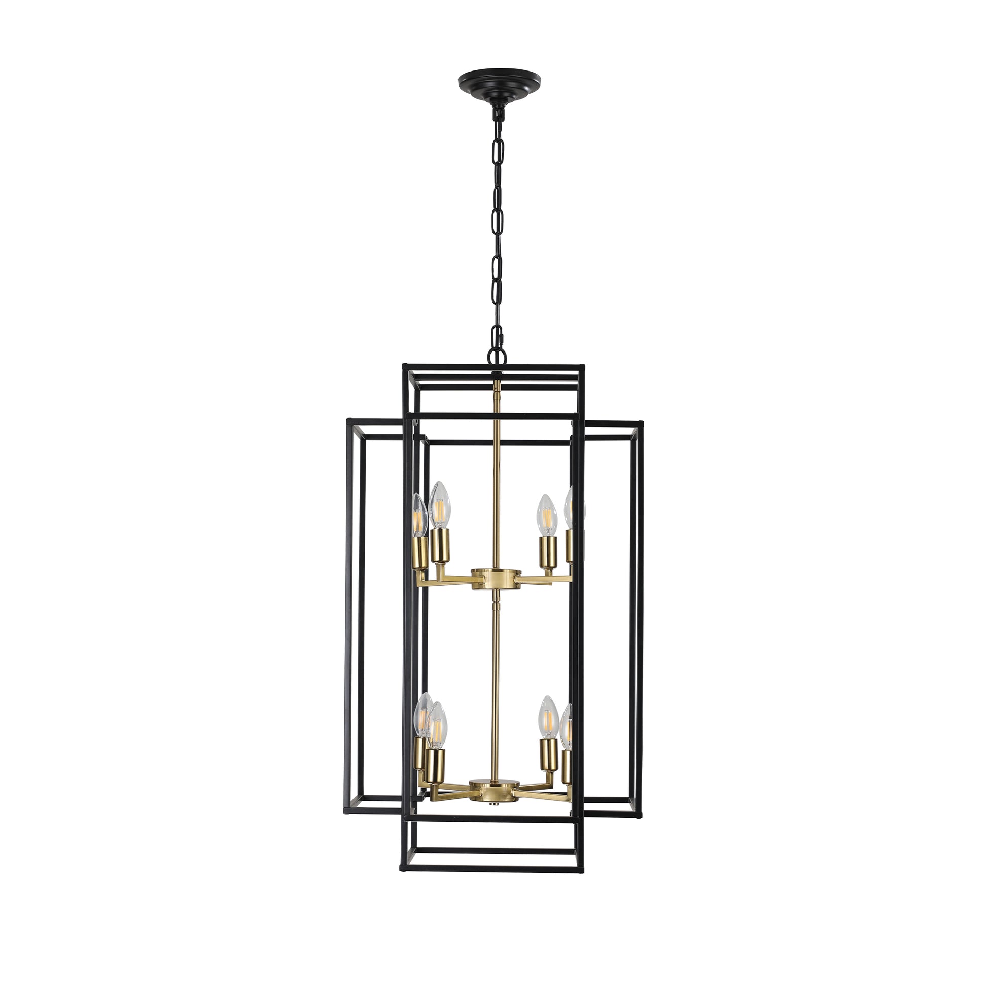 Modern black and brass geometric chandelier with  candelabra bulbs for dining room