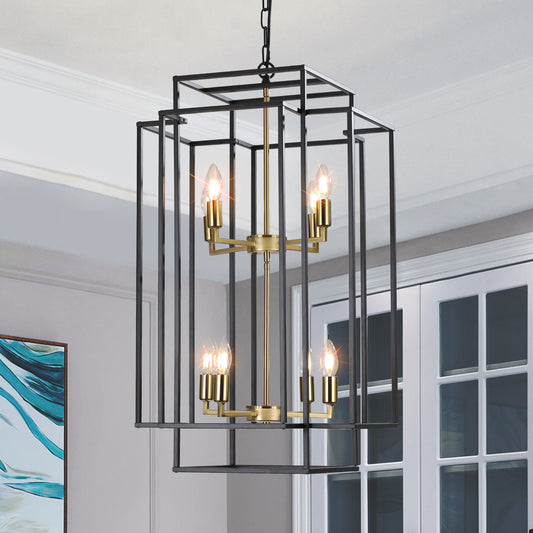 Geometric black metal lantern chandelier with brass accents and Edison bulbs perfect for dining rooms
