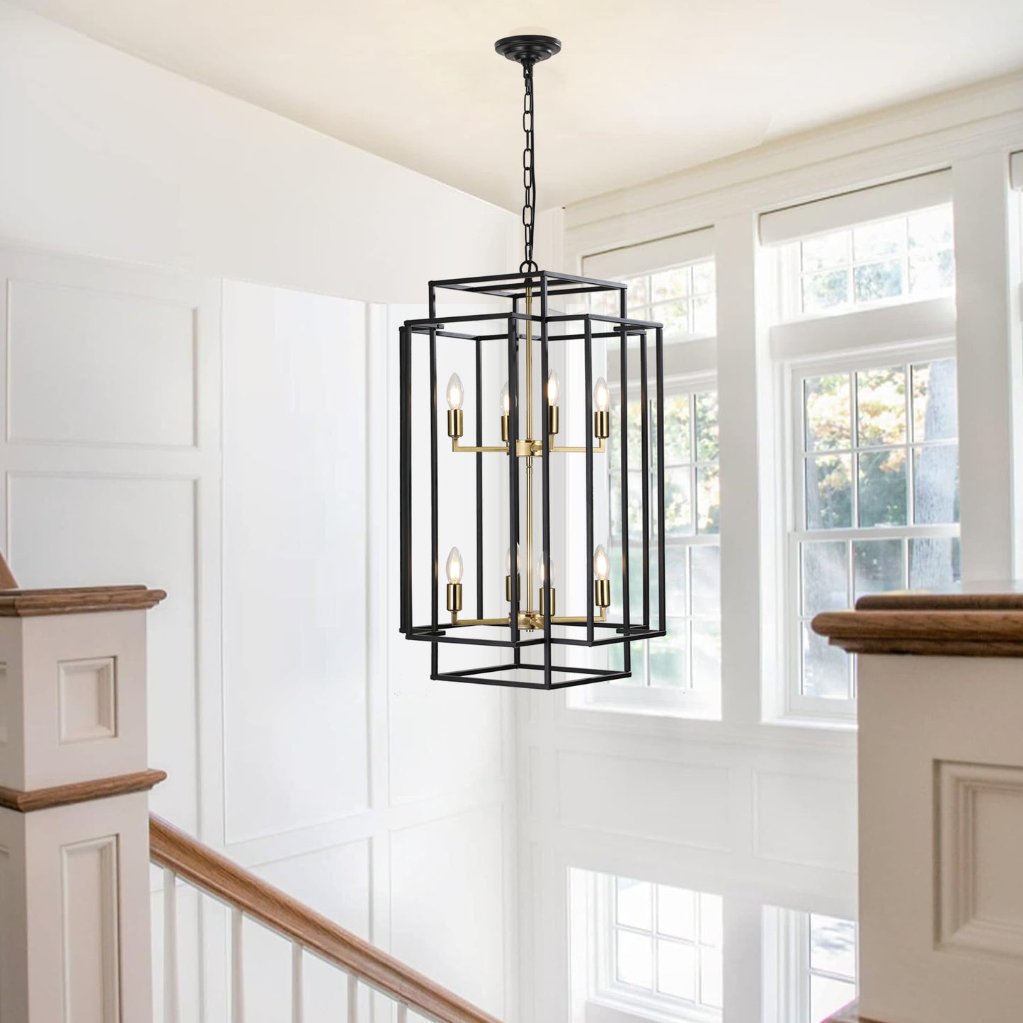 Modern black metal geometric lantern chandelier with gold accents and six bulbs