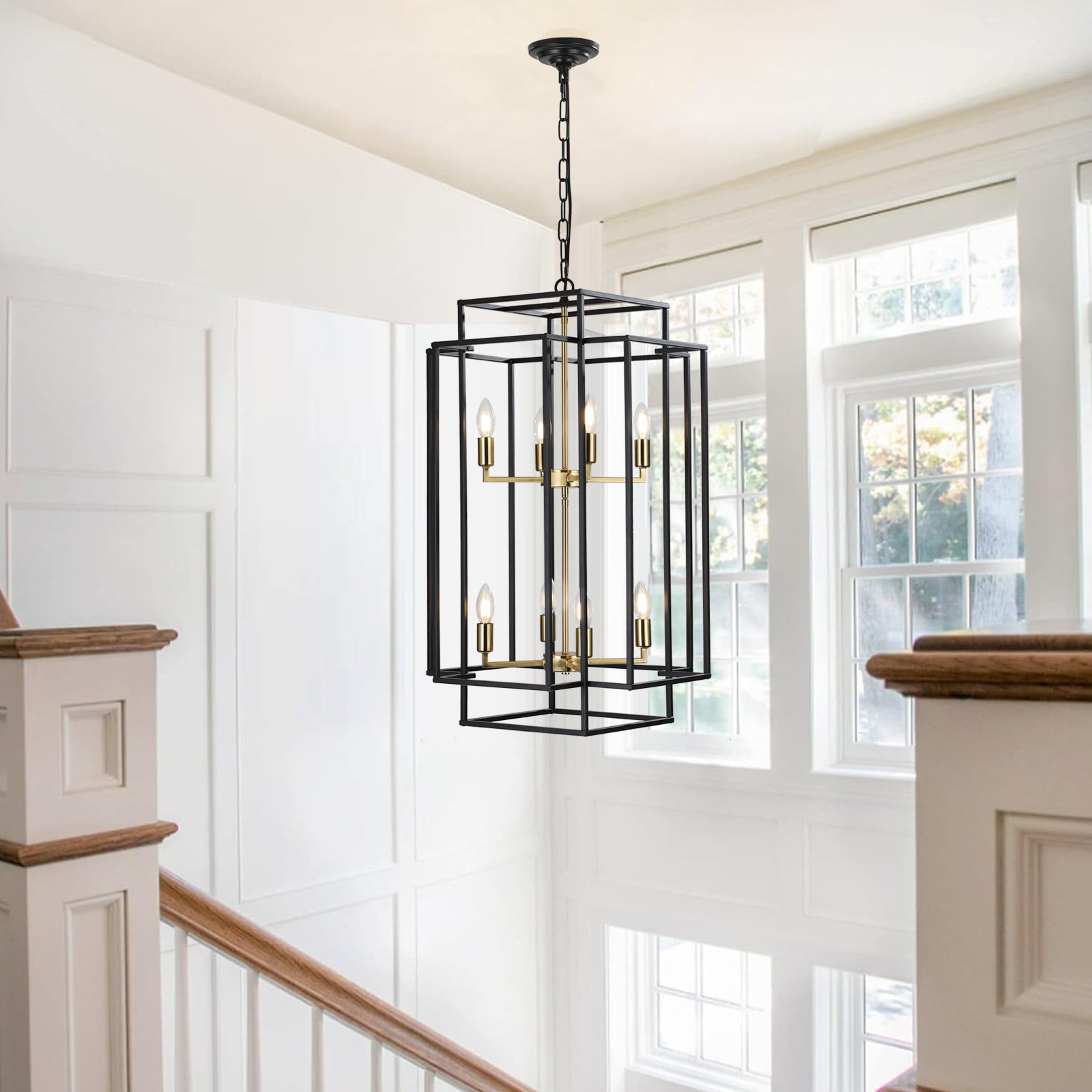 Modern black metal geometric lantern chandelier with gold accents and six bulbs