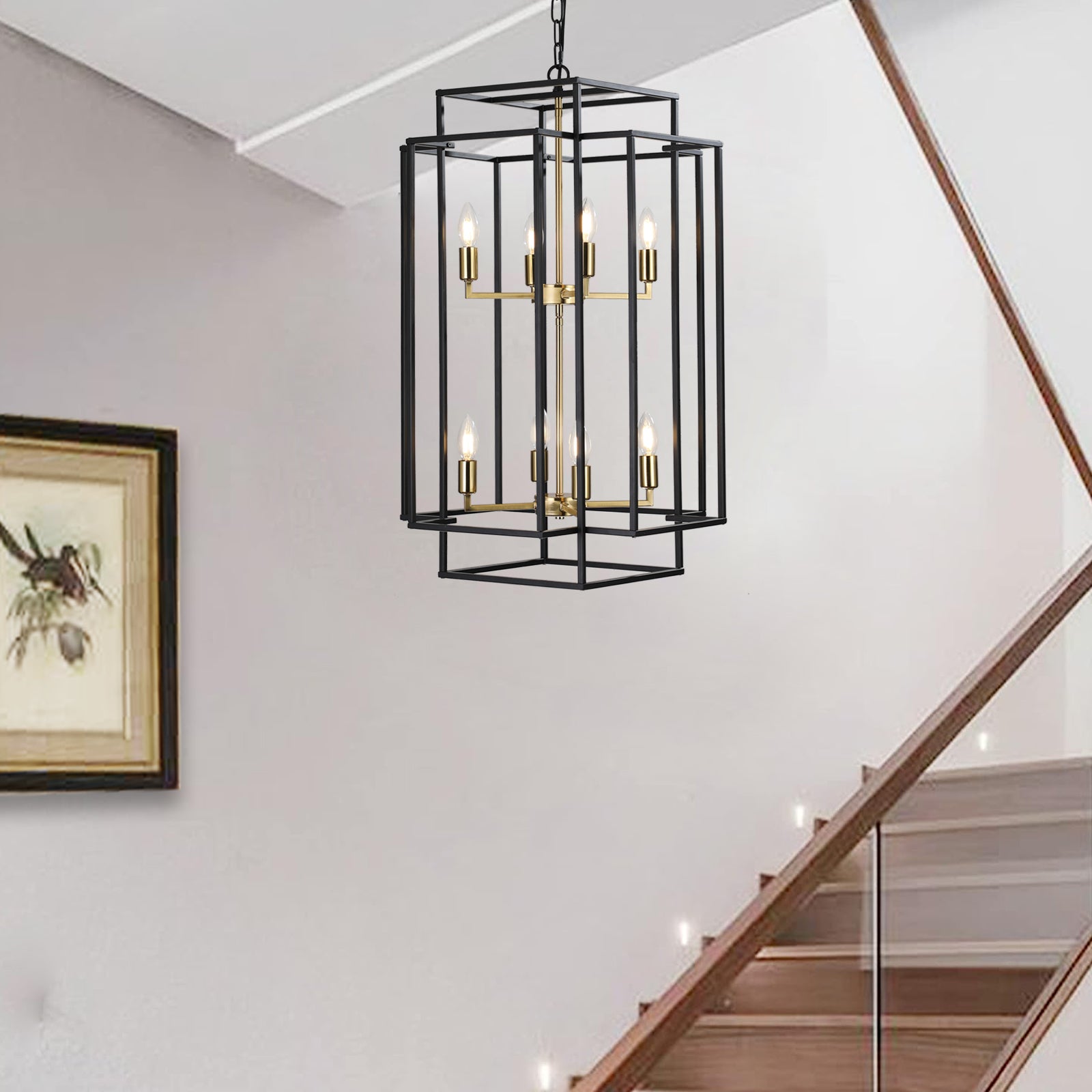 Modern black and gold geometric chandelier with  bulbs for entryway lighting