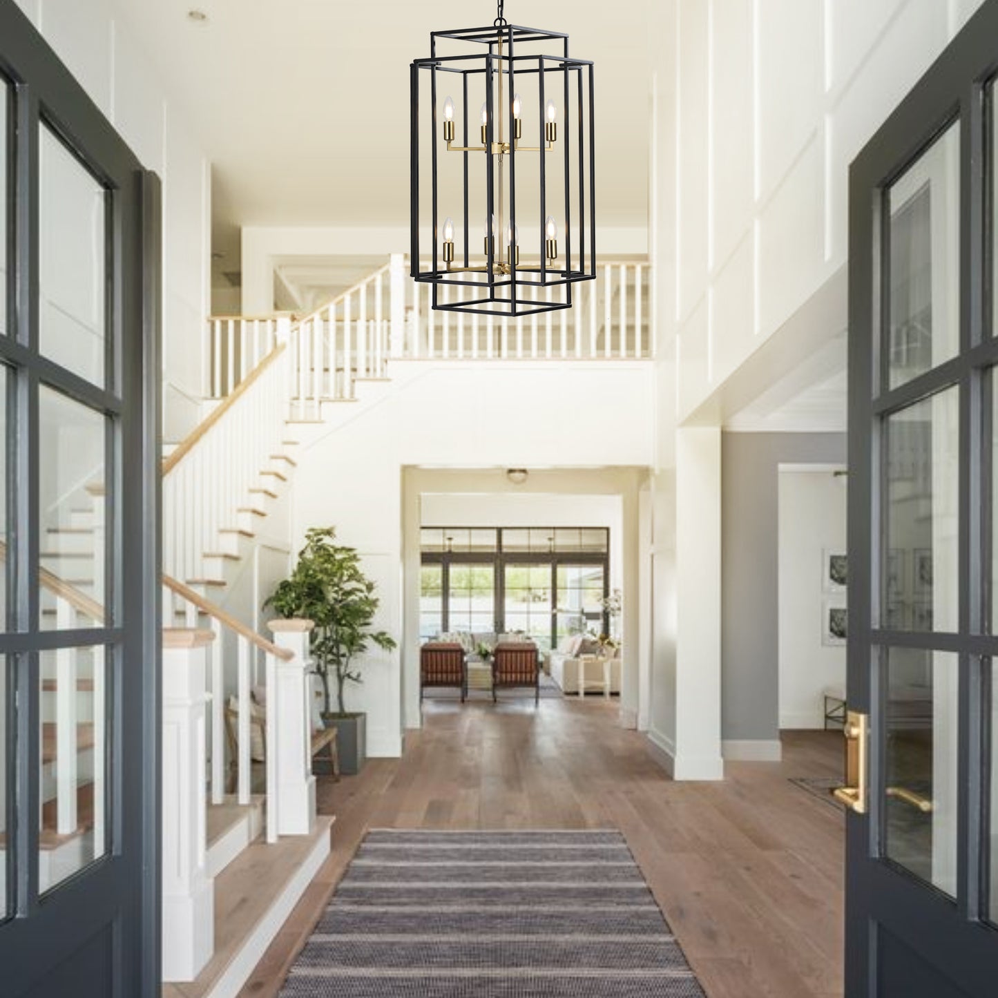 Geometric black metal lantern pendant with gold accents ideal for entryway lighting