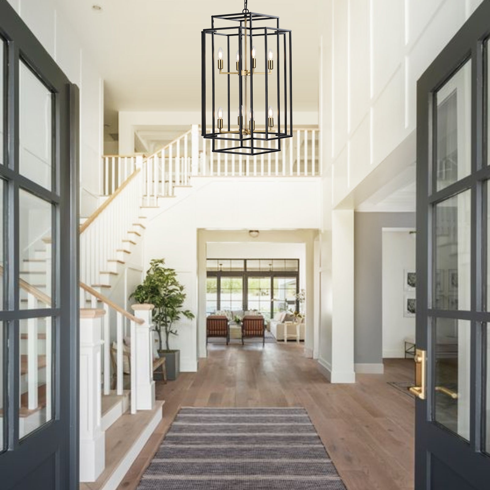 Geometric black metal lantern pendant with gold accents ideal for entryway lighting