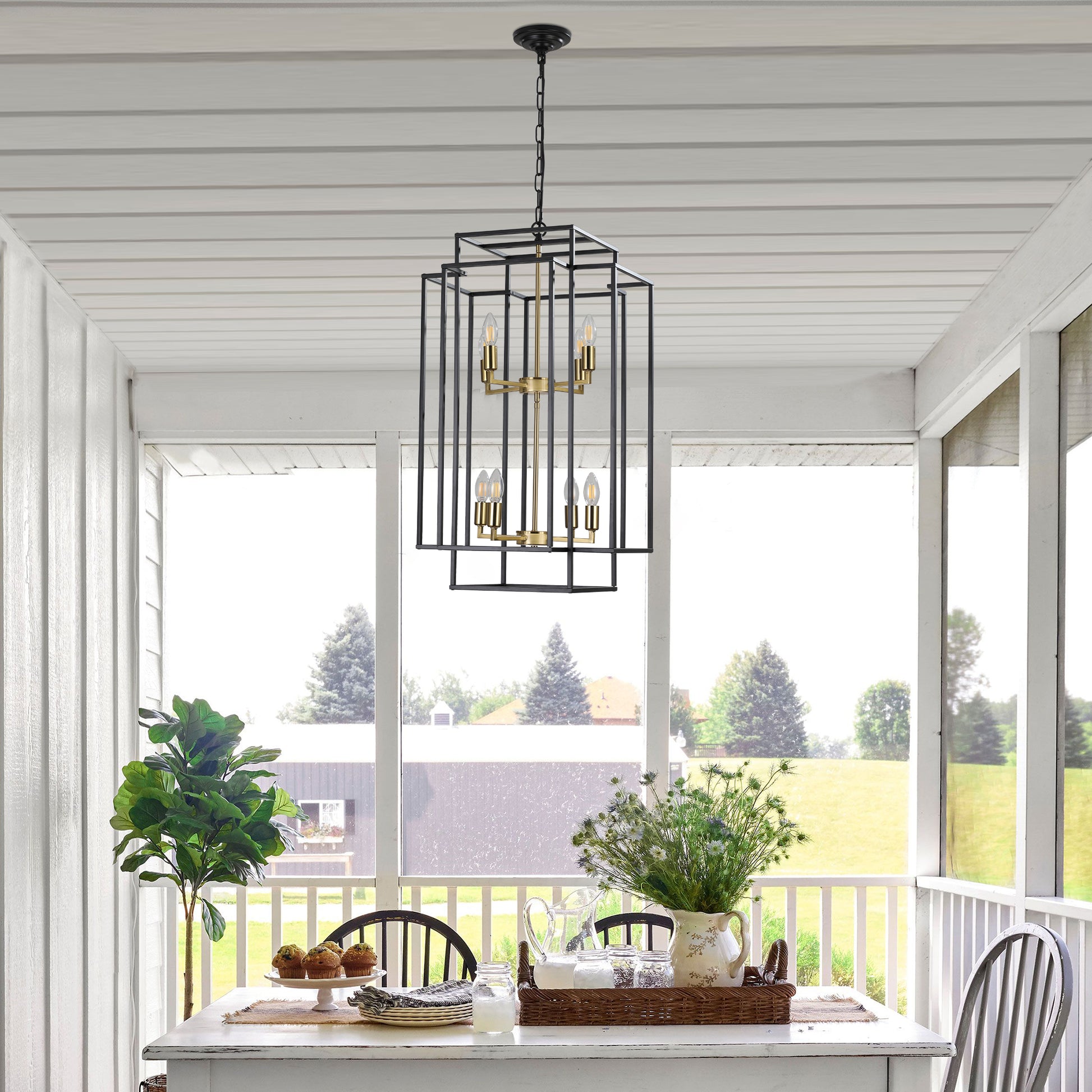 Black and brass geometric cage chandelier with  bulbs