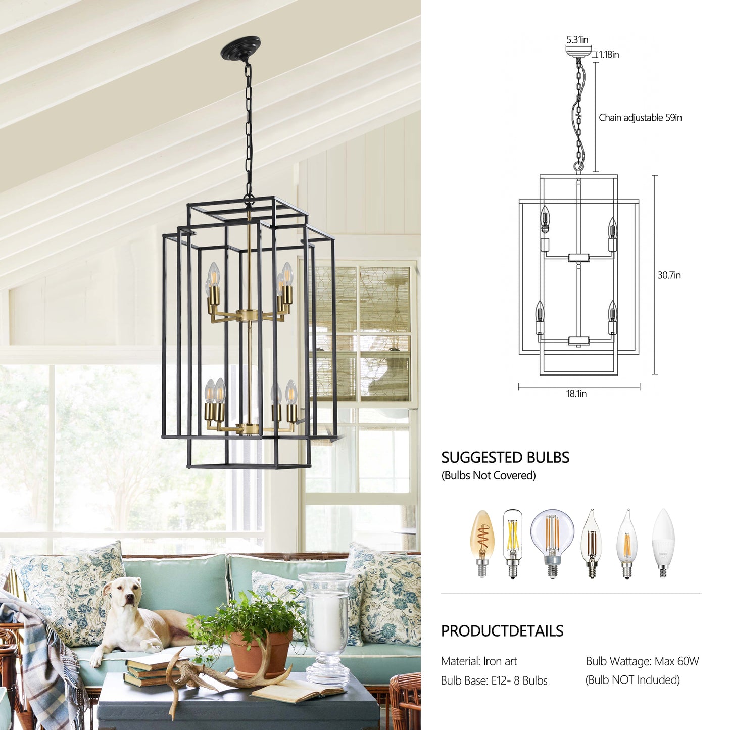 Black and brass tiered geometric cage chandelier with eight candelabra bulbs