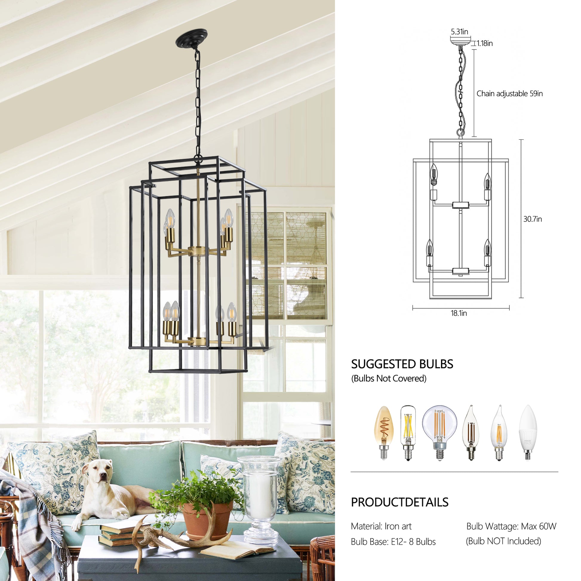 Black and brass tiered geometric cage chandelier with eight candelabra bulbs