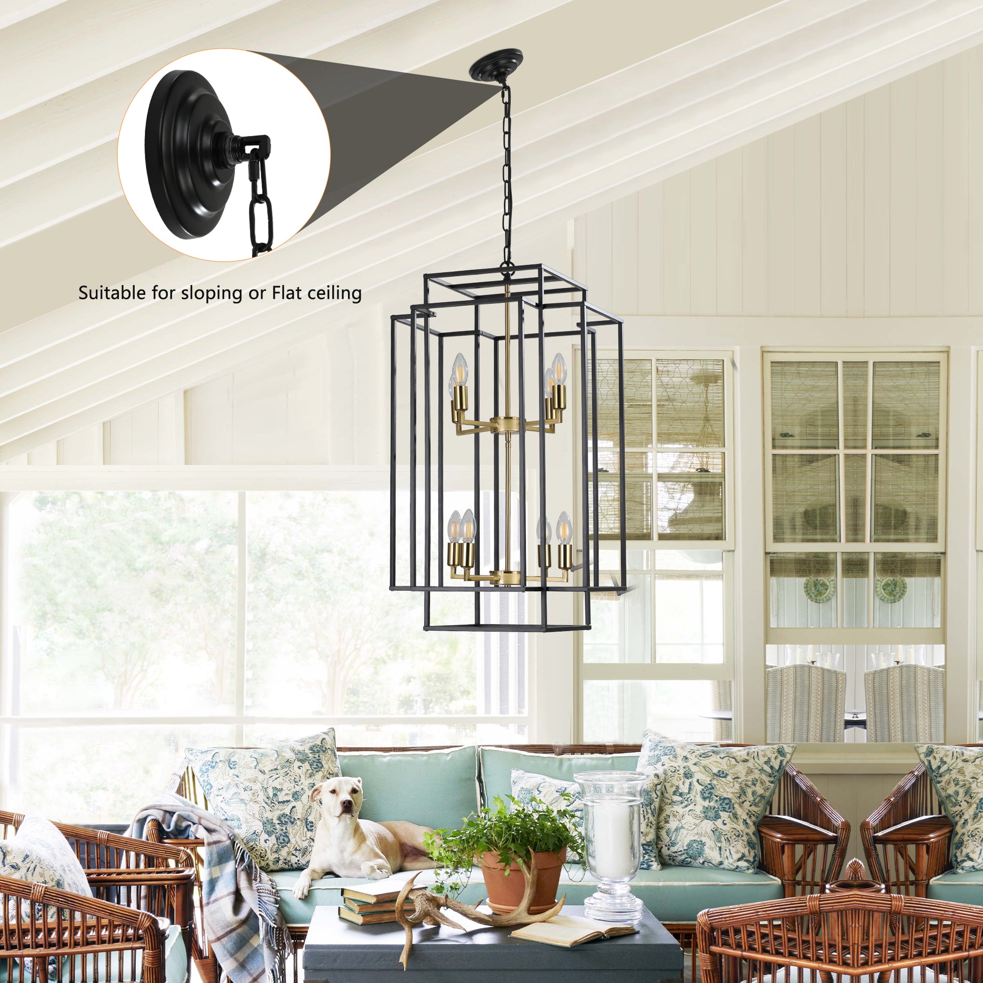 Black metal geometric foyer chandelier with gold accents and six candelabra bulbs