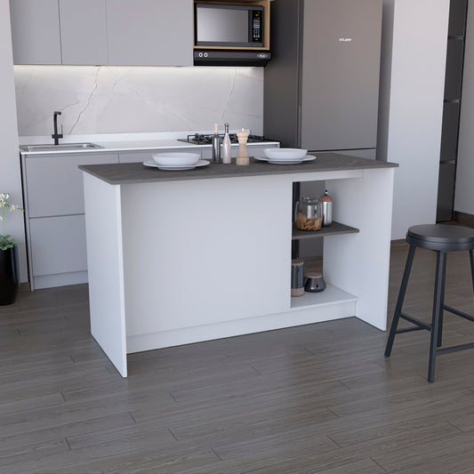 White kitchen island with grey countertop and open shelving
