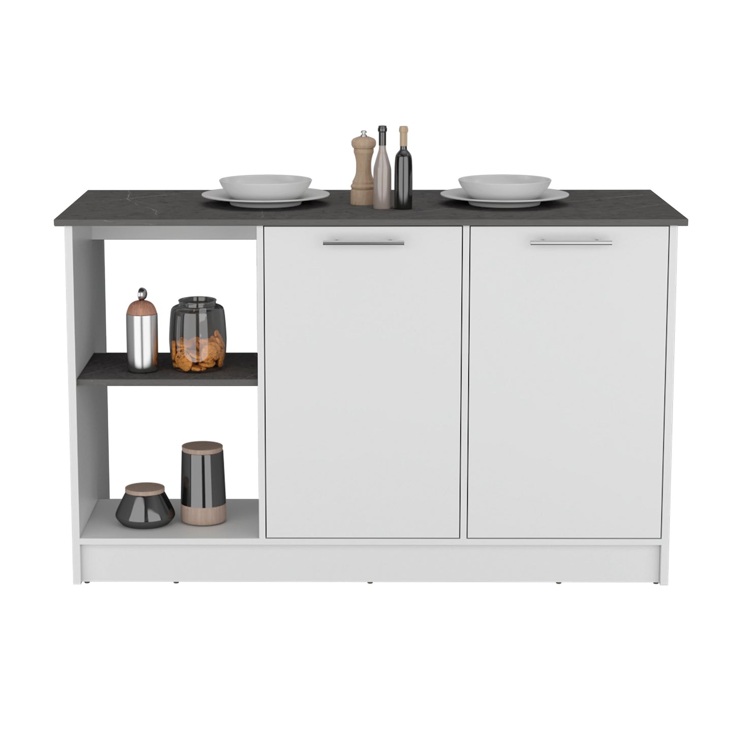 Modern white kitchen cabinet with grey marble countertop and open shelving
