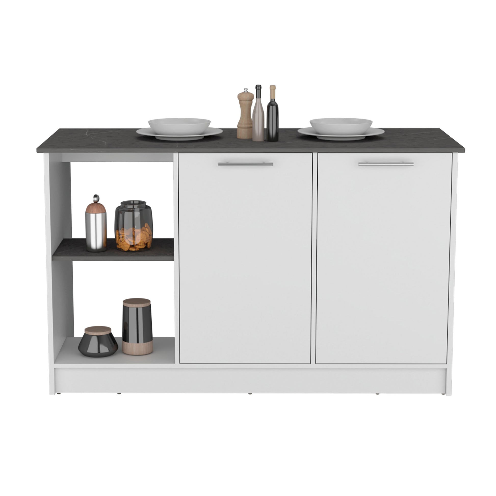 Modern white kitchen cabinet with grey marble countertop and open shelving