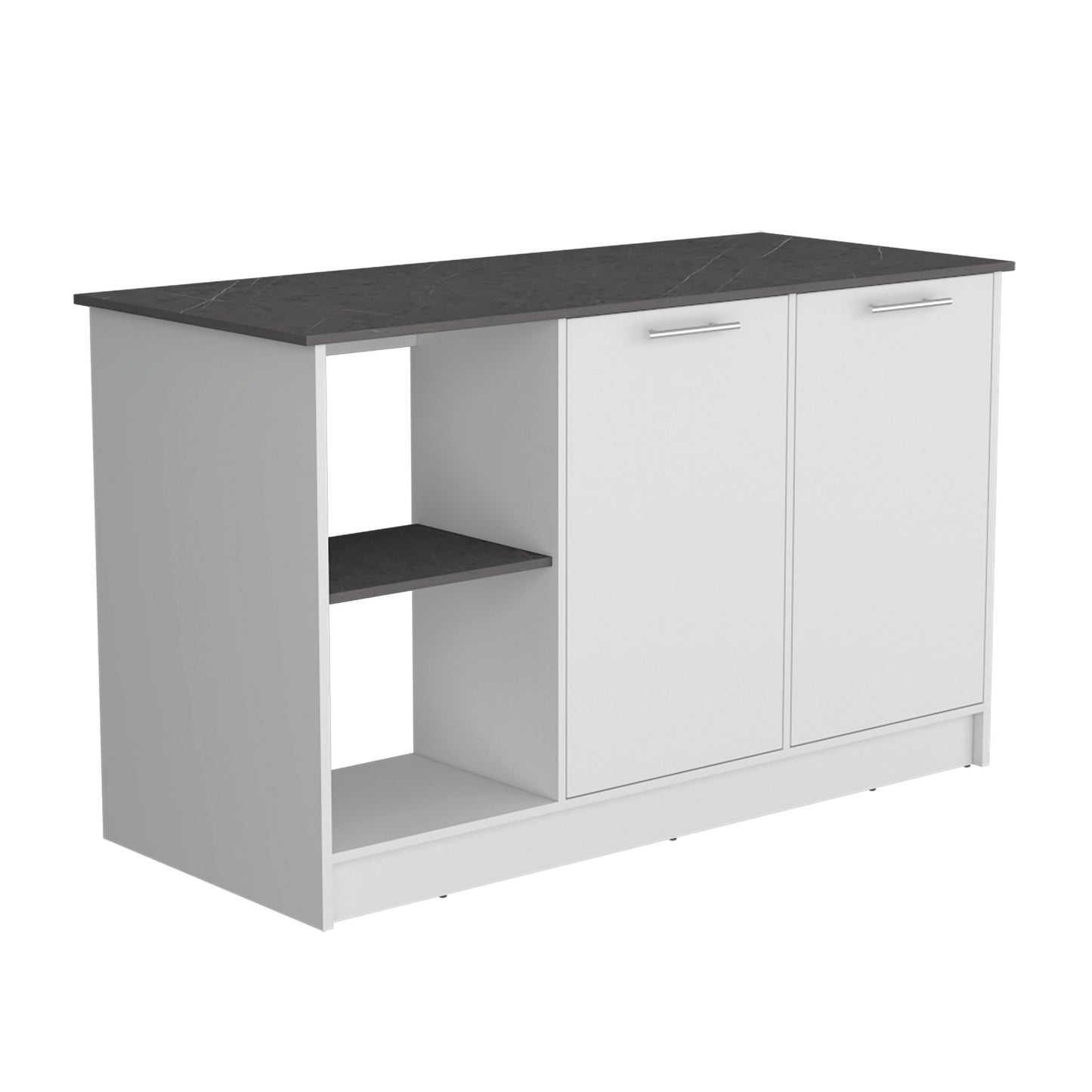 White kitchen island with grey marble top and open shelving