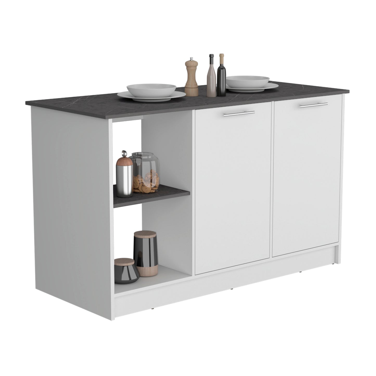 White kitchen island with dark speckled countertop and open shelving