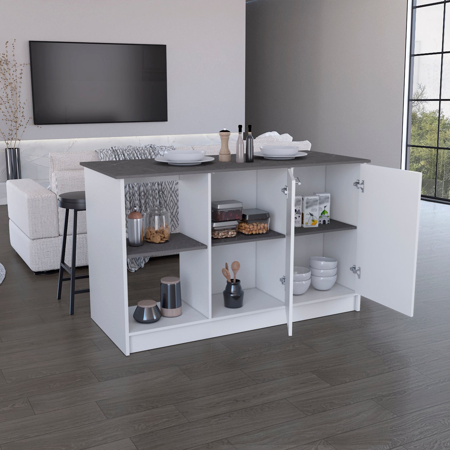 White kitchen island with grey countertop and open storage